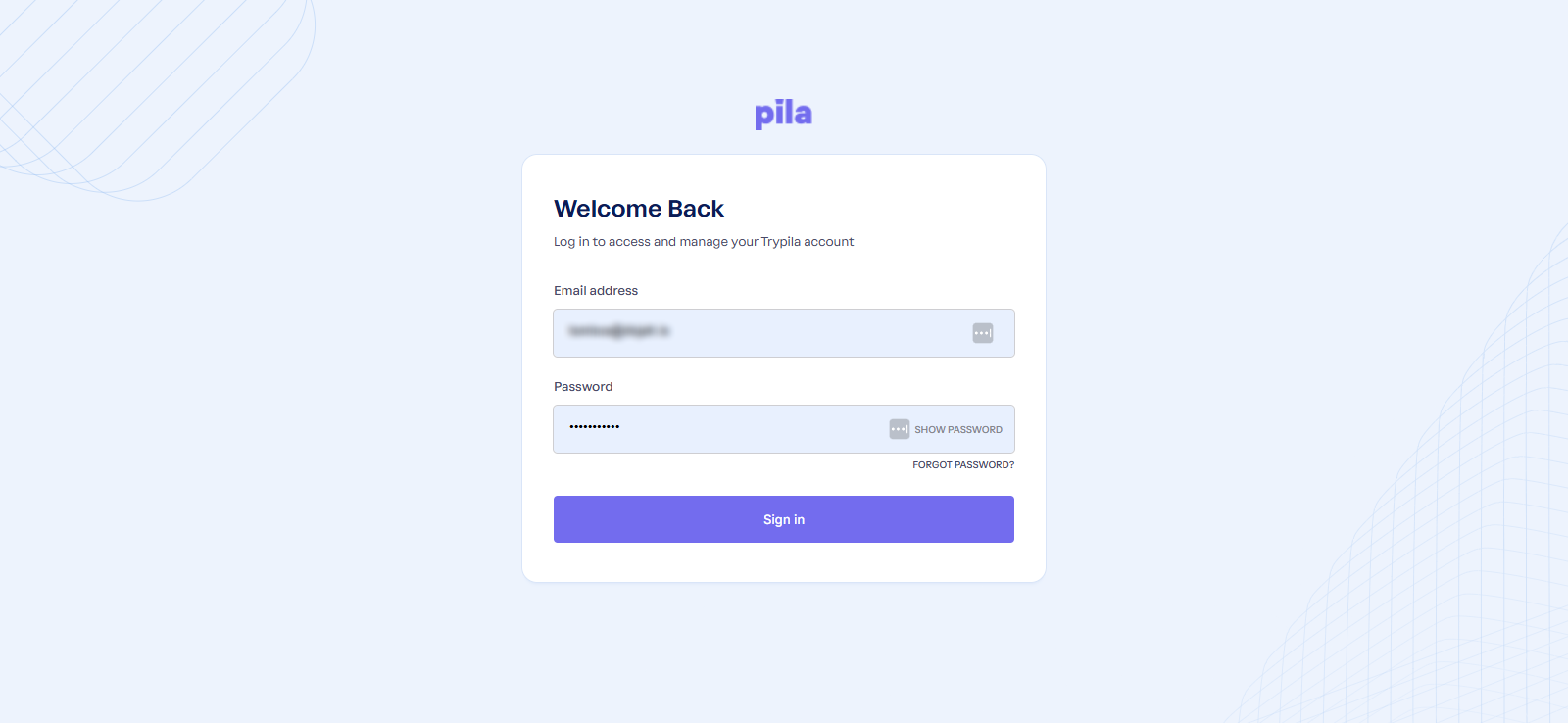 Pila dashboard sign-in page