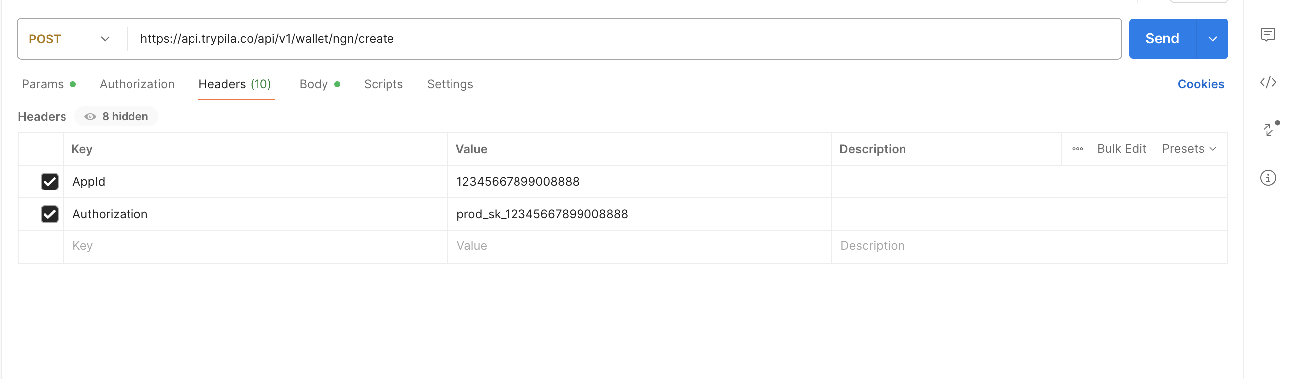 Pila authentication headers configured in Postman