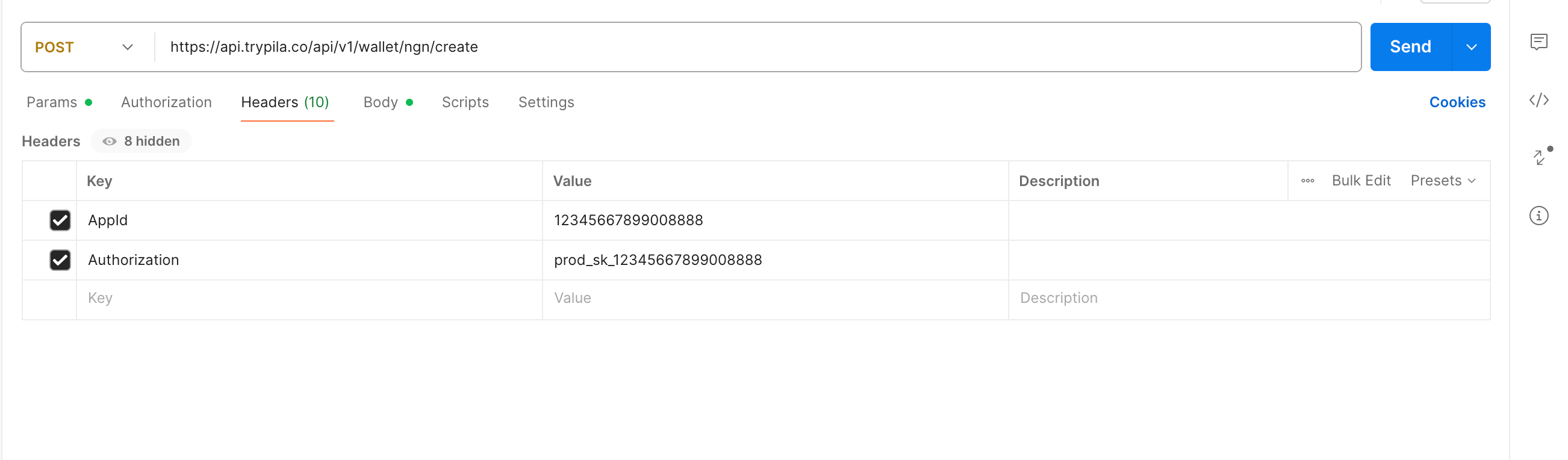 Pila authentication headers configured in Postman