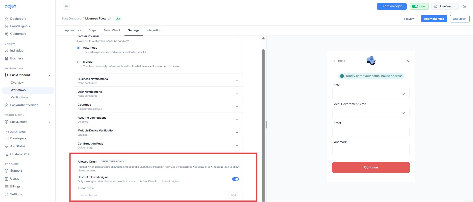 Allowed Origin section in the EasyOnboard flow settings with Restrict allowed origins enabled