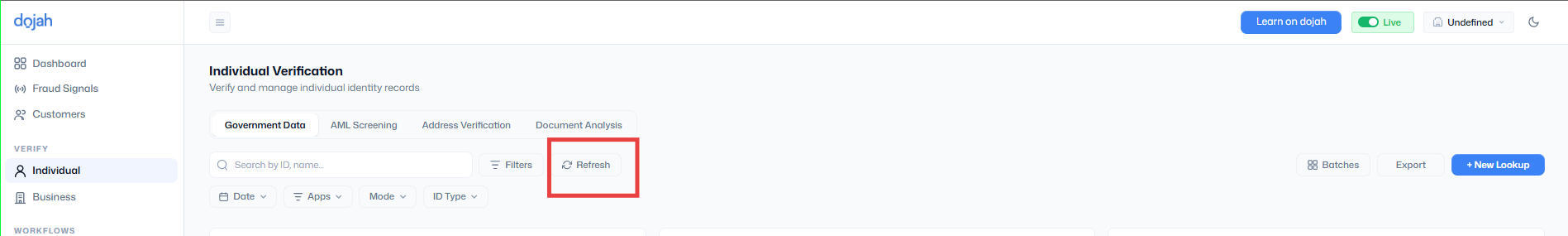 Refresh button on the Individual Verification table