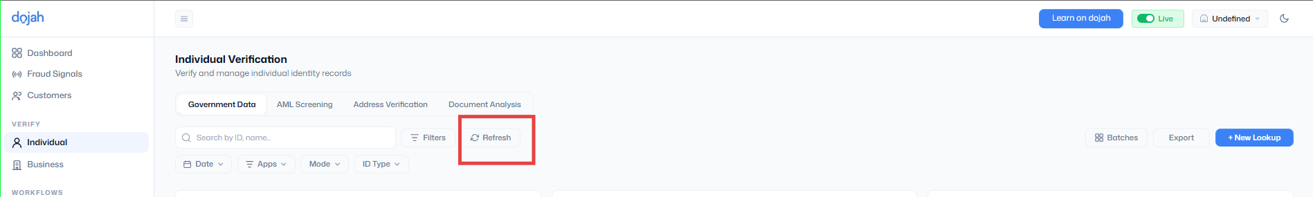 Refresh button on the Individual Verification table