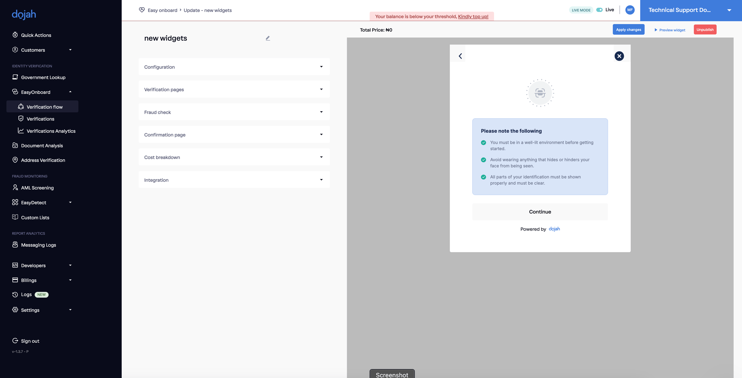 Country detection and balance alerts