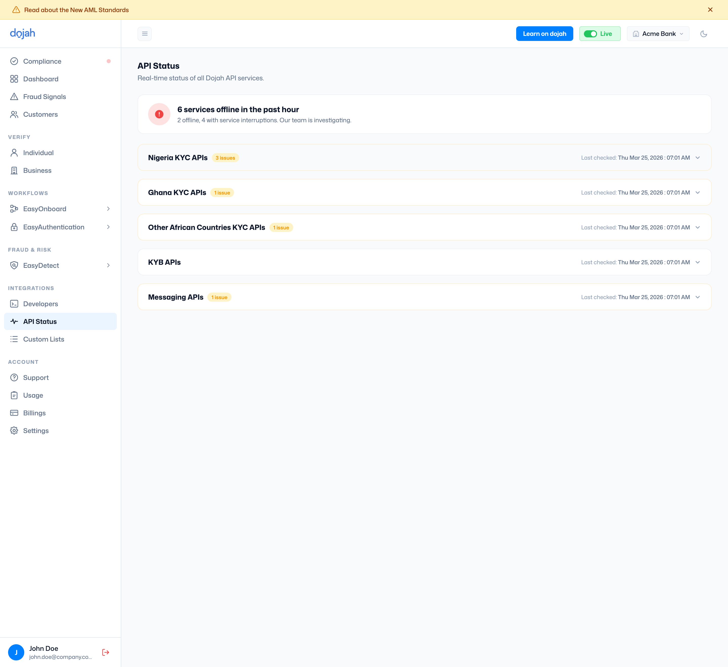 The API Status page with the summary banner and collapsed service categories
