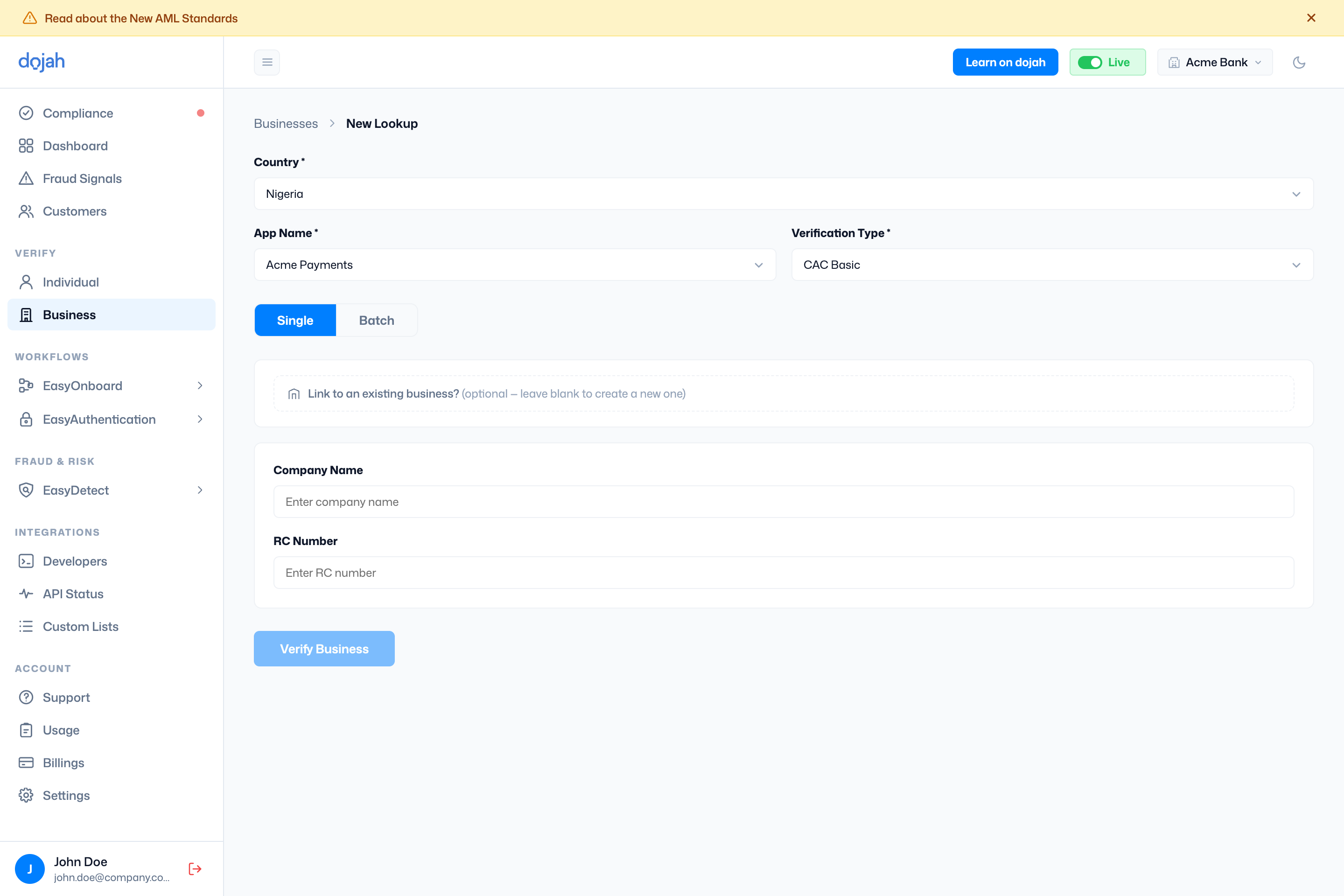 The New Lookup form for a CAC business verification