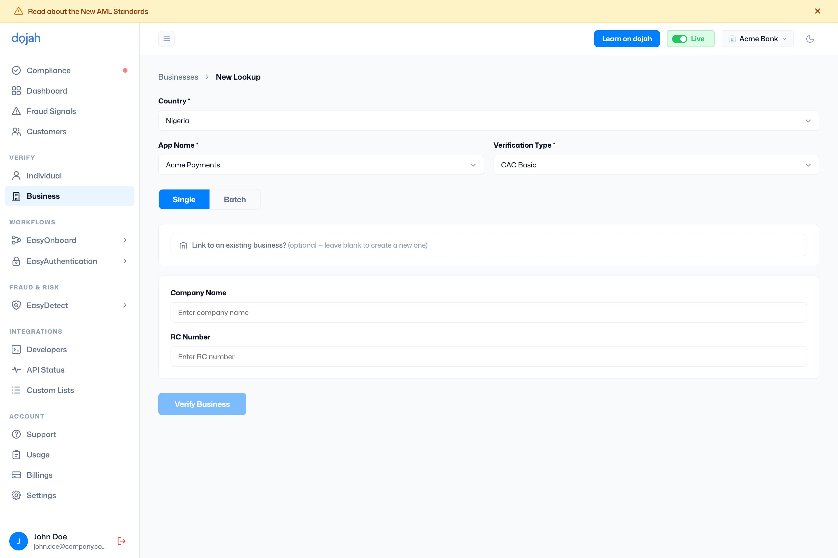 The New Lookup form for a CAC business verification