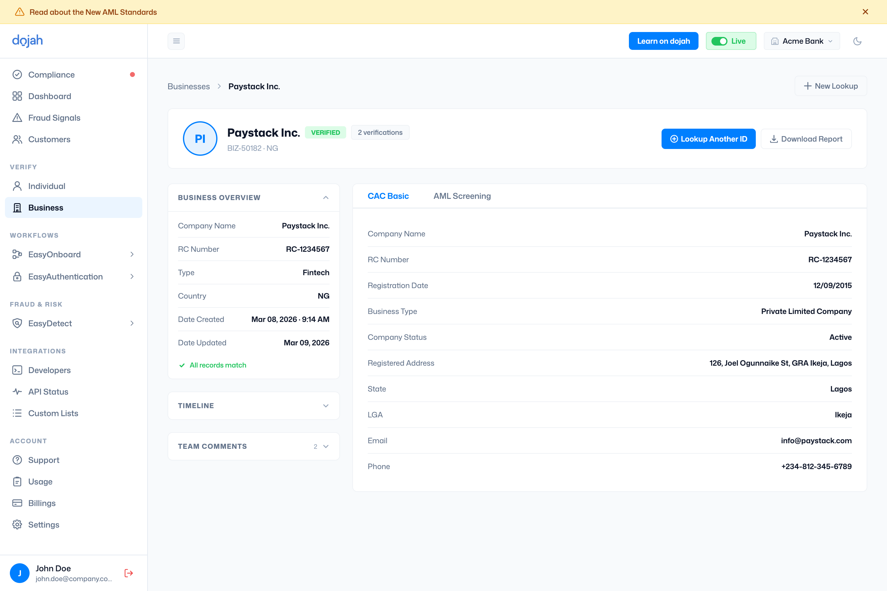 A business verification result showing the business overview and CAC data