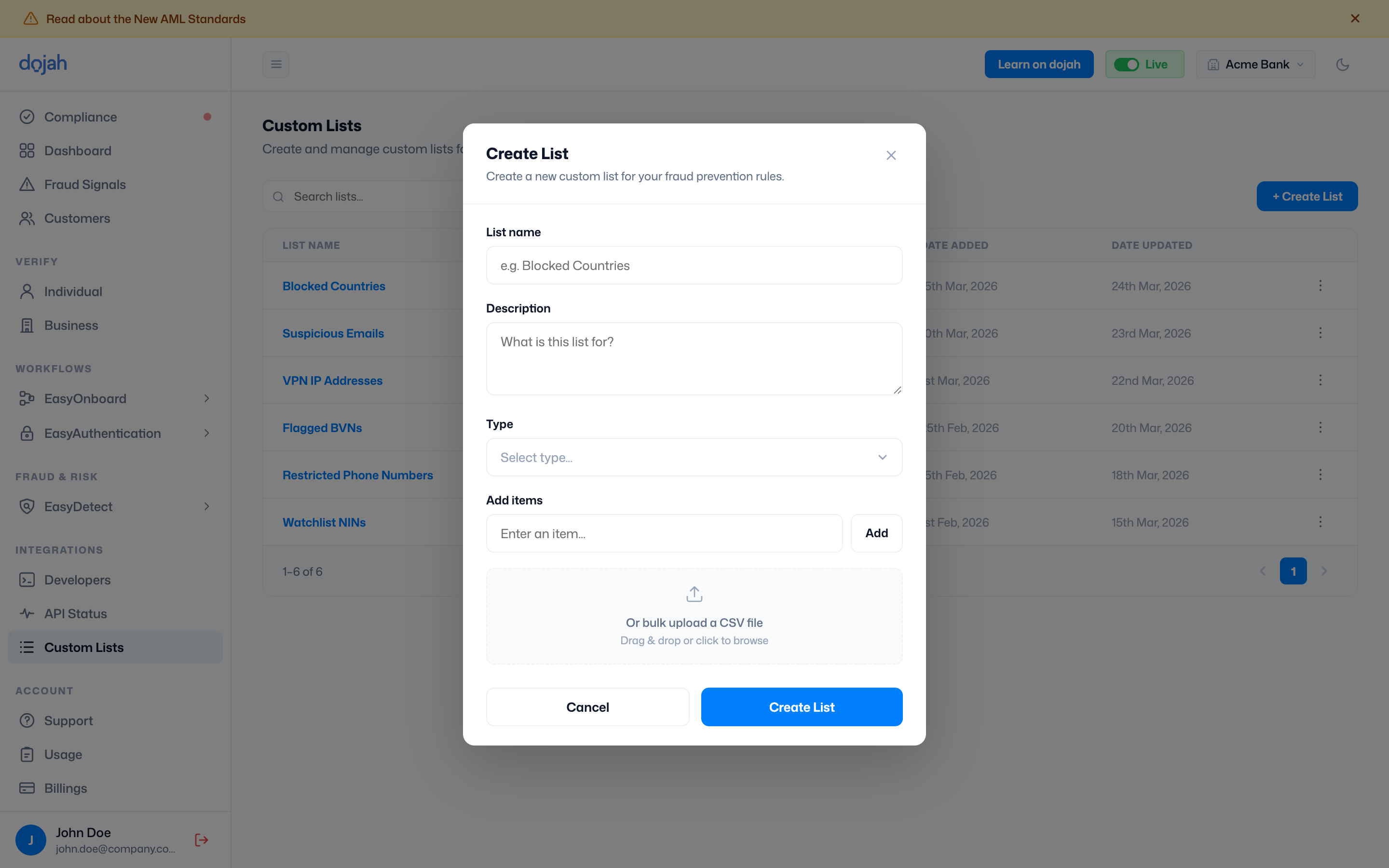 The Create List form in the Dojah dashboard