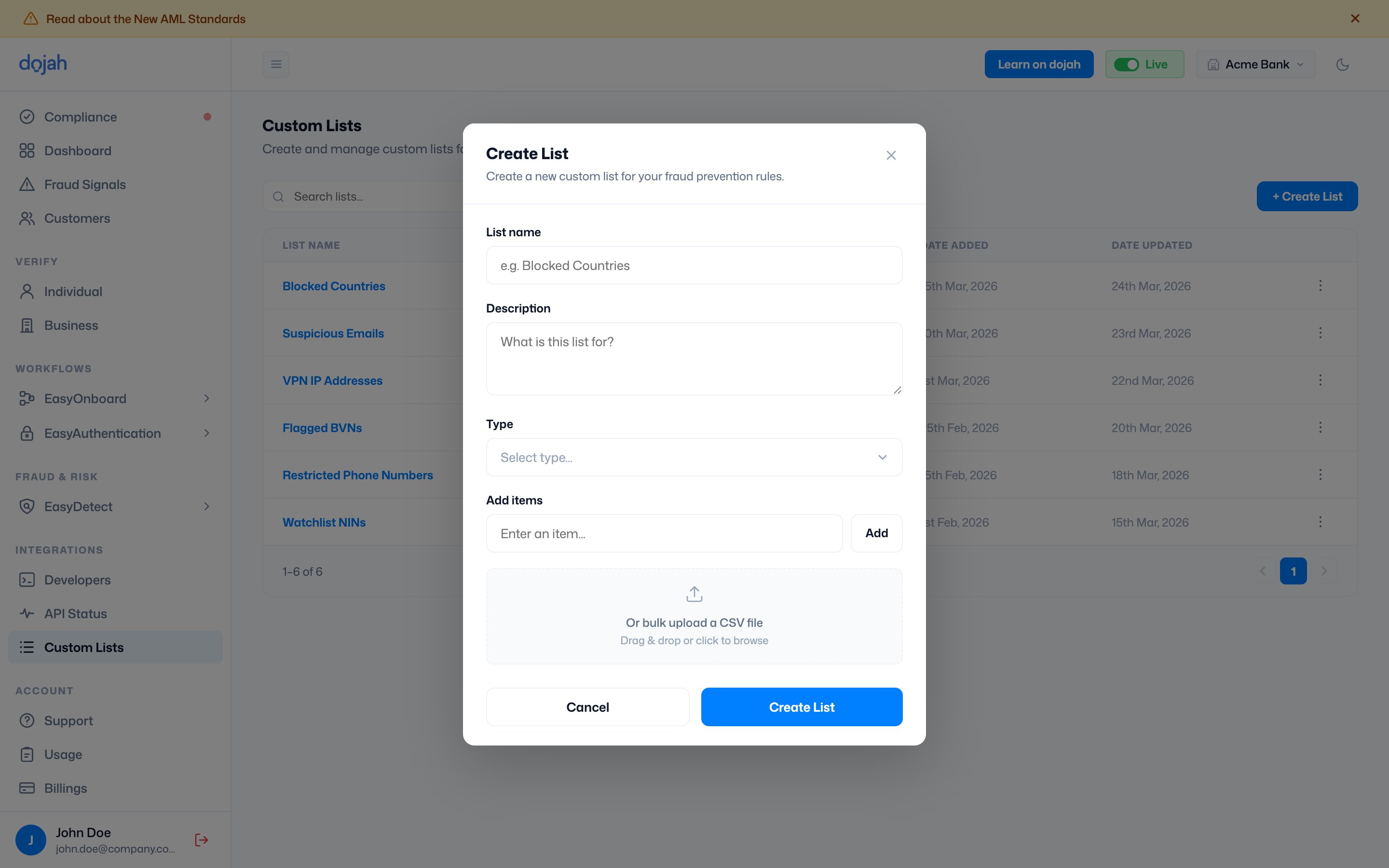 The Create List form in the Dojah dashboard