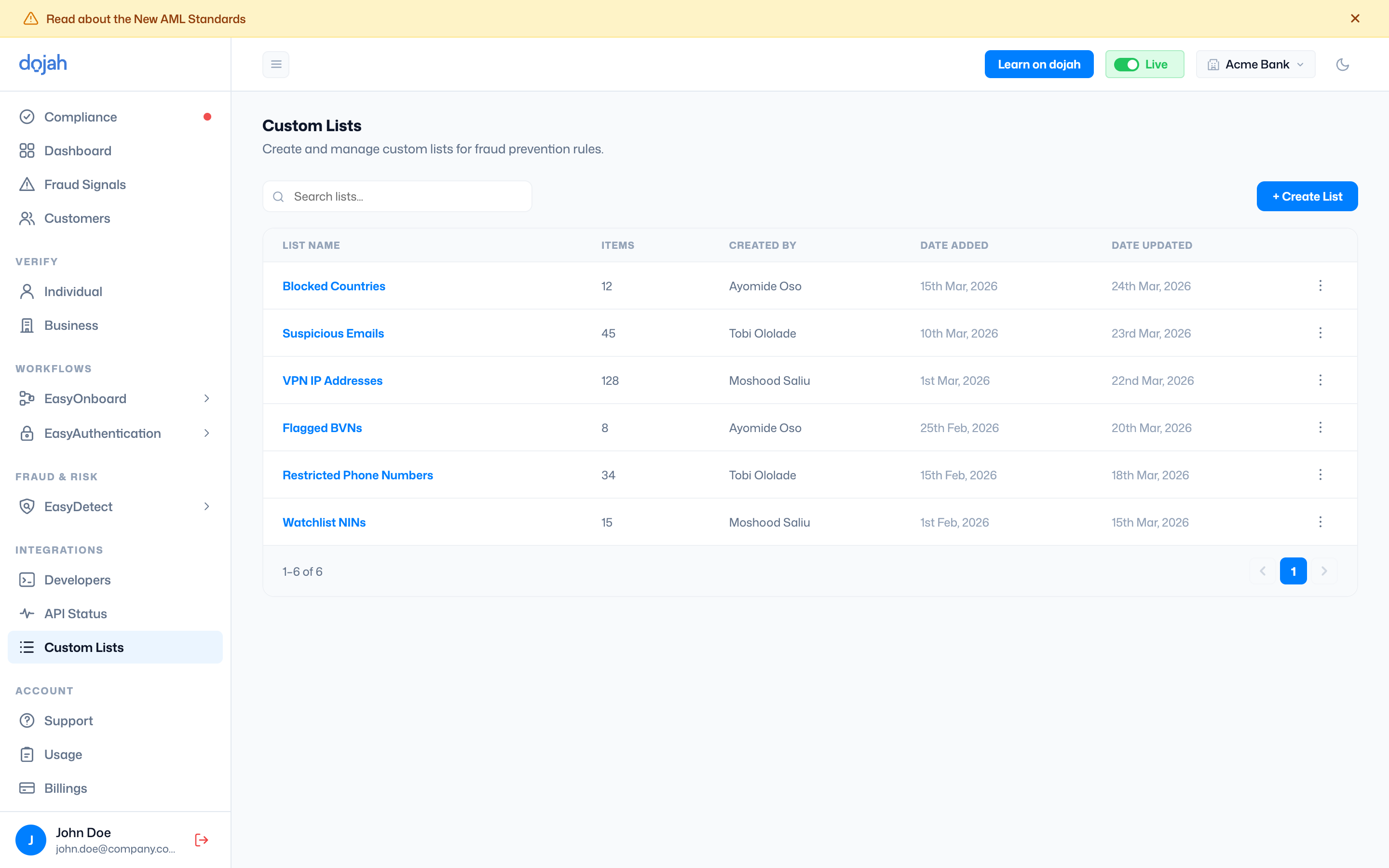 The Custom Lists table in the Dojah dashboard