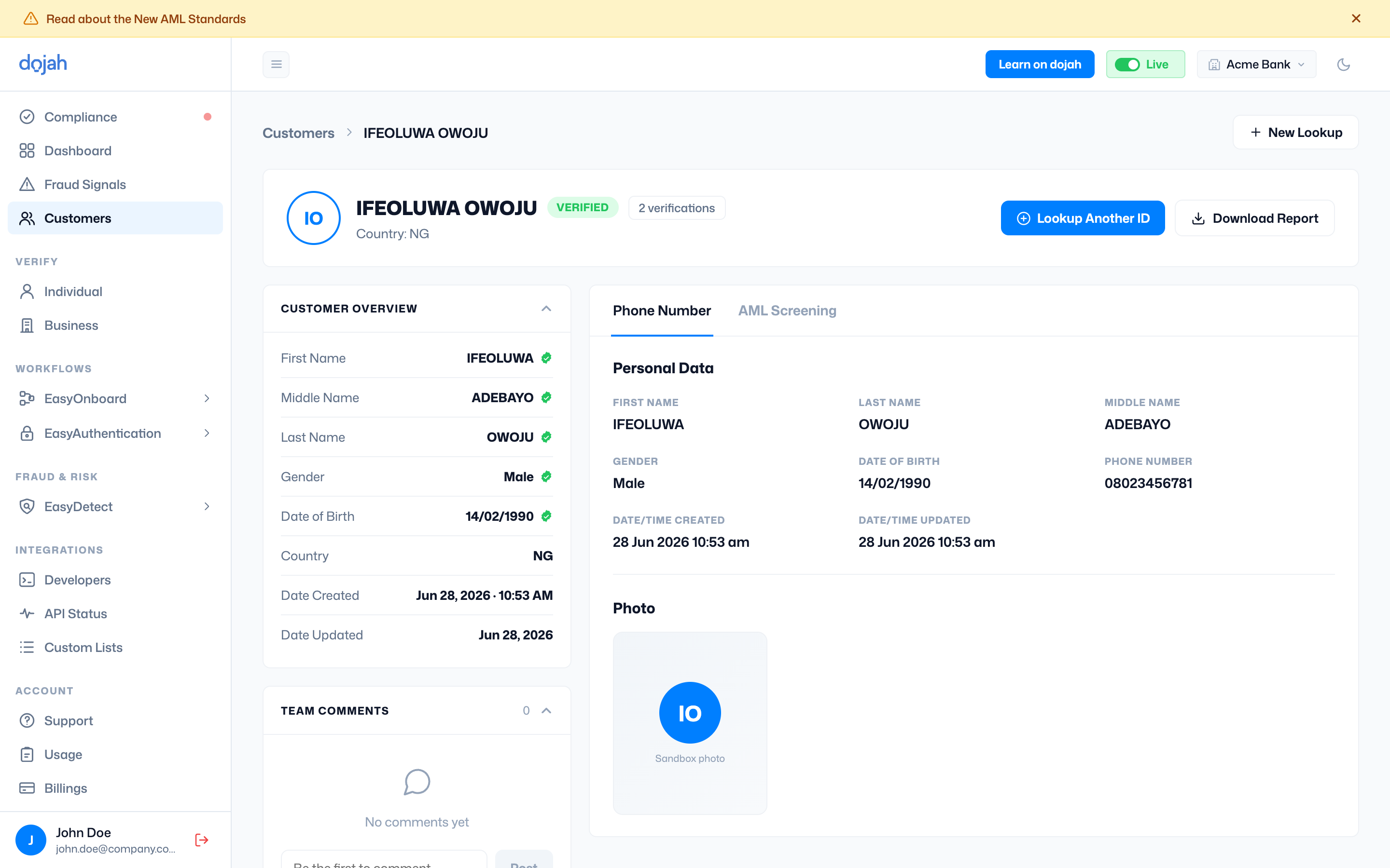 A customer profile in the Dojah dashboard