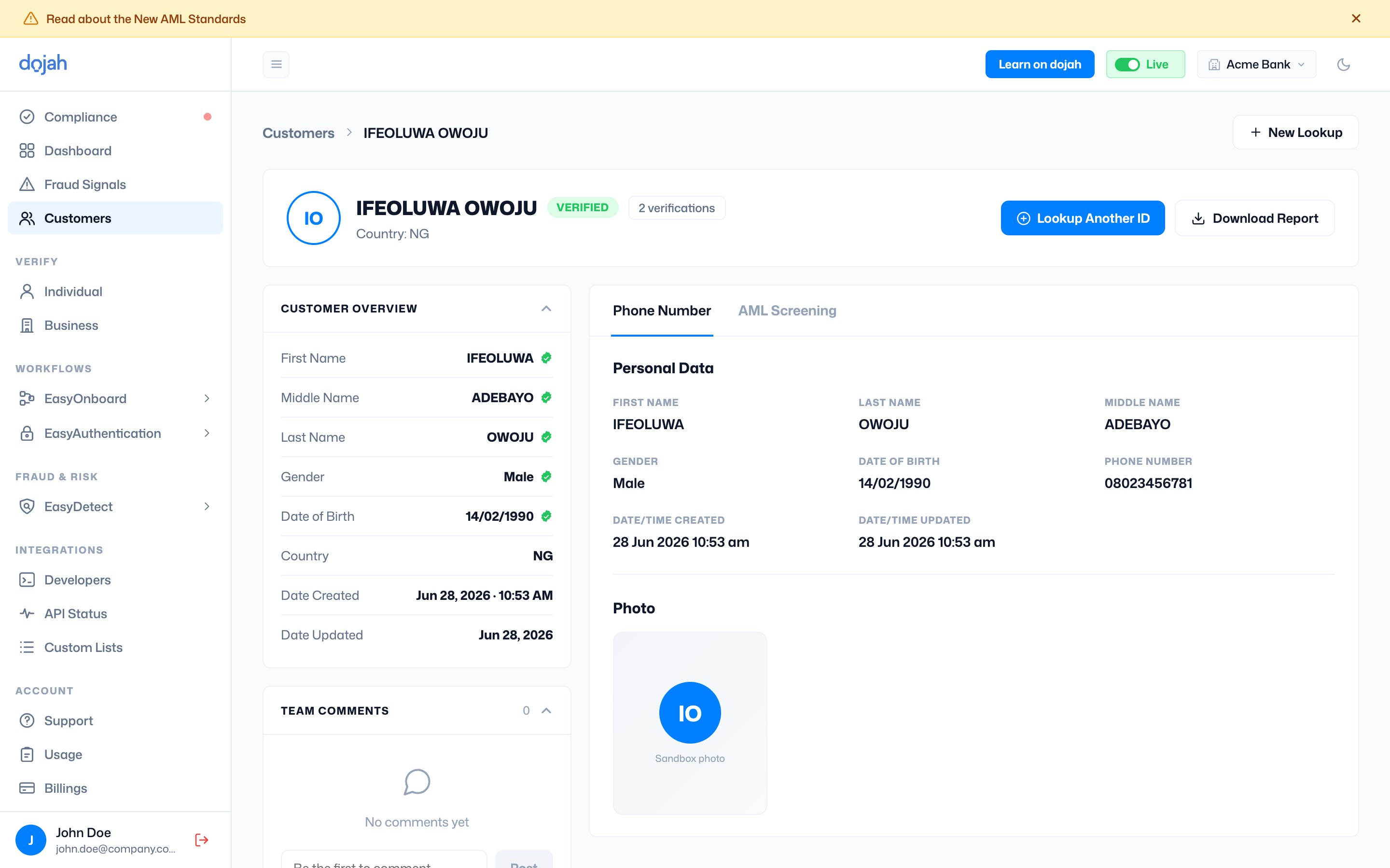A customer profile in the Dojah dashboard