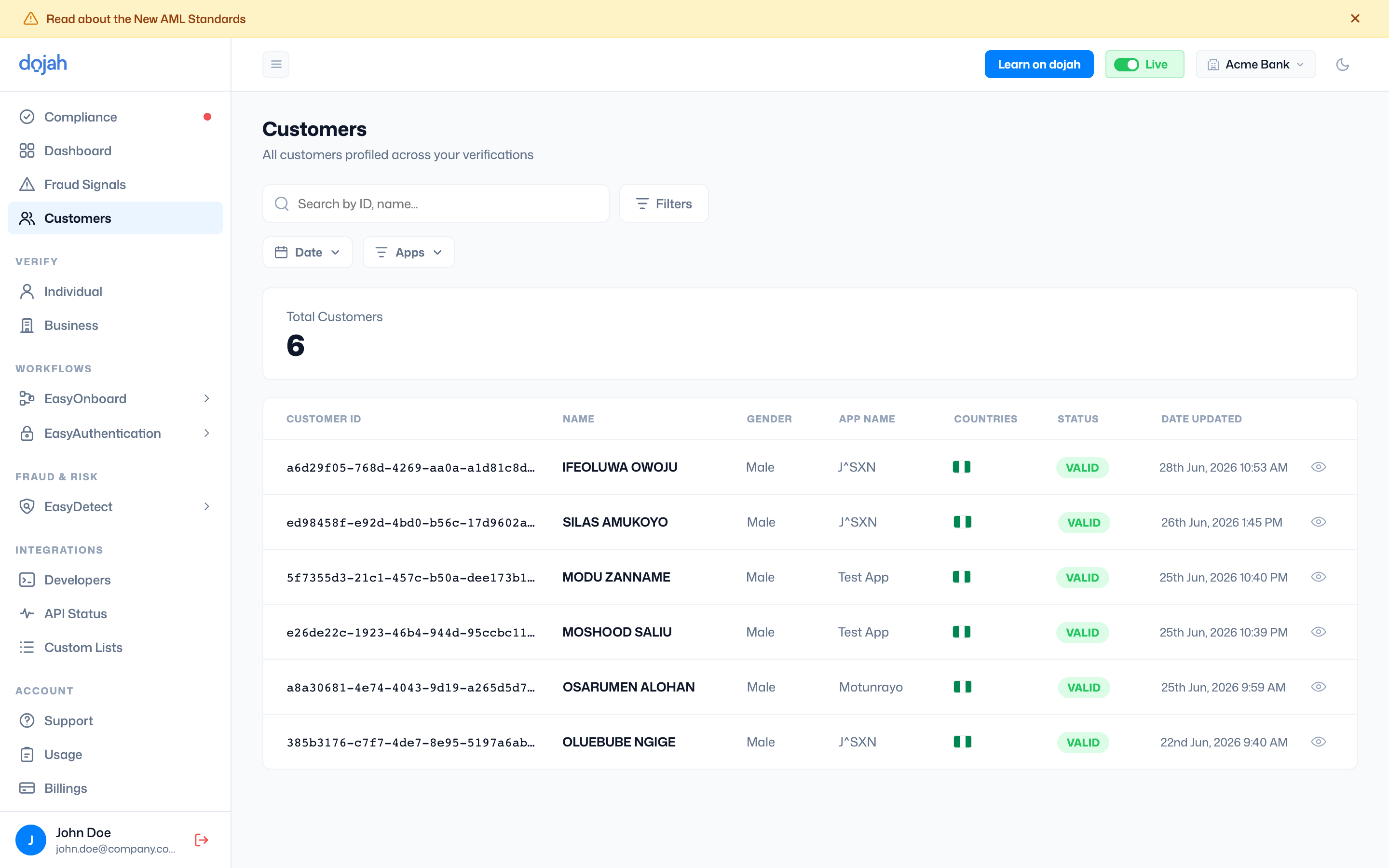 The Customers directory in the Dojah dashboard