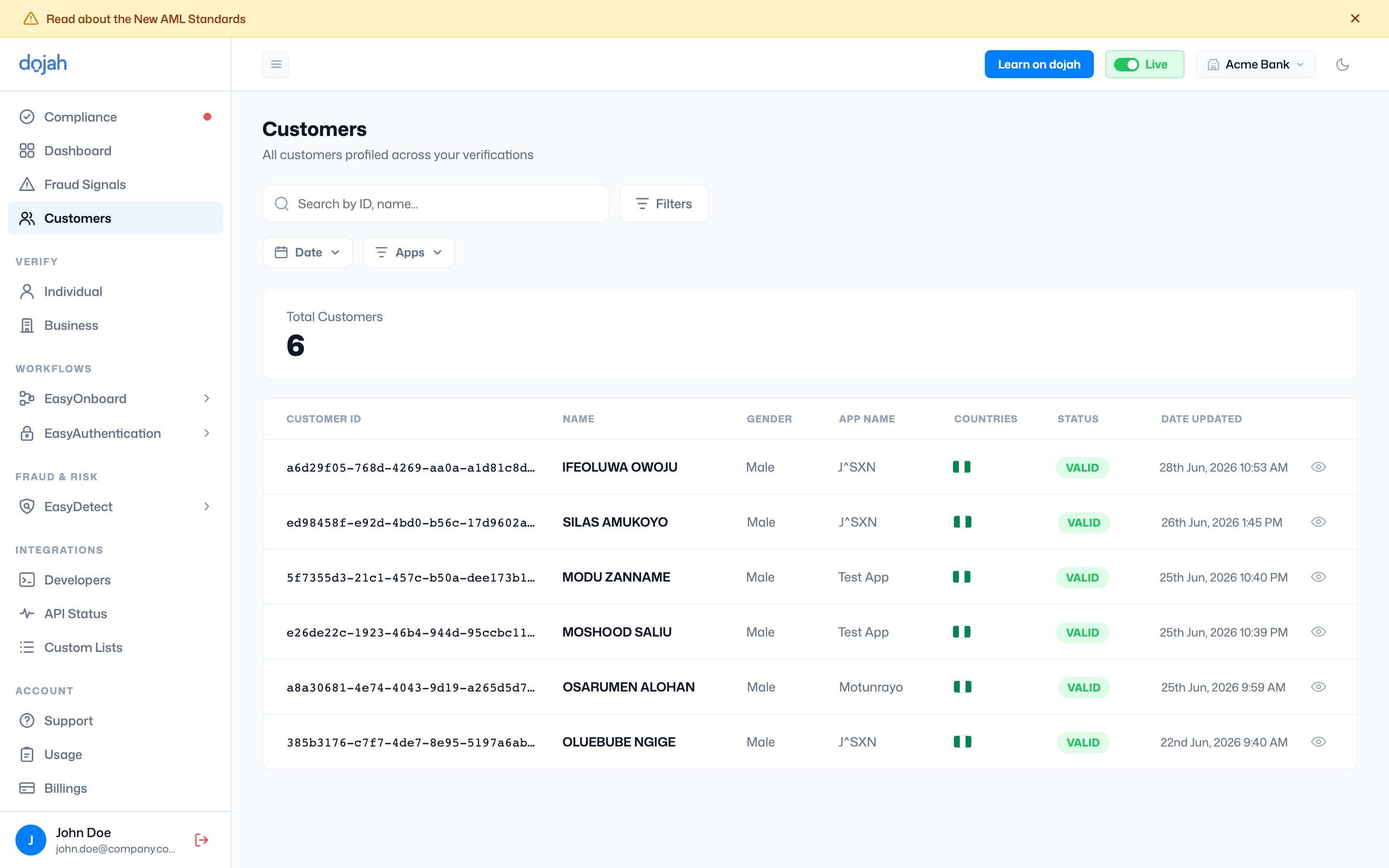 The Customers directory in the Dojah dashboard