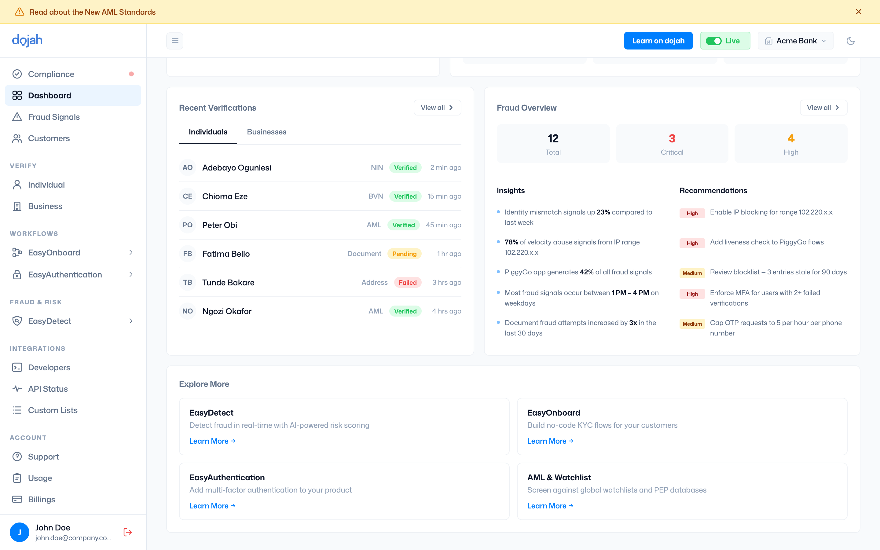 Recent Verifications, Fraud Overview, and Explore More on the dashboard
