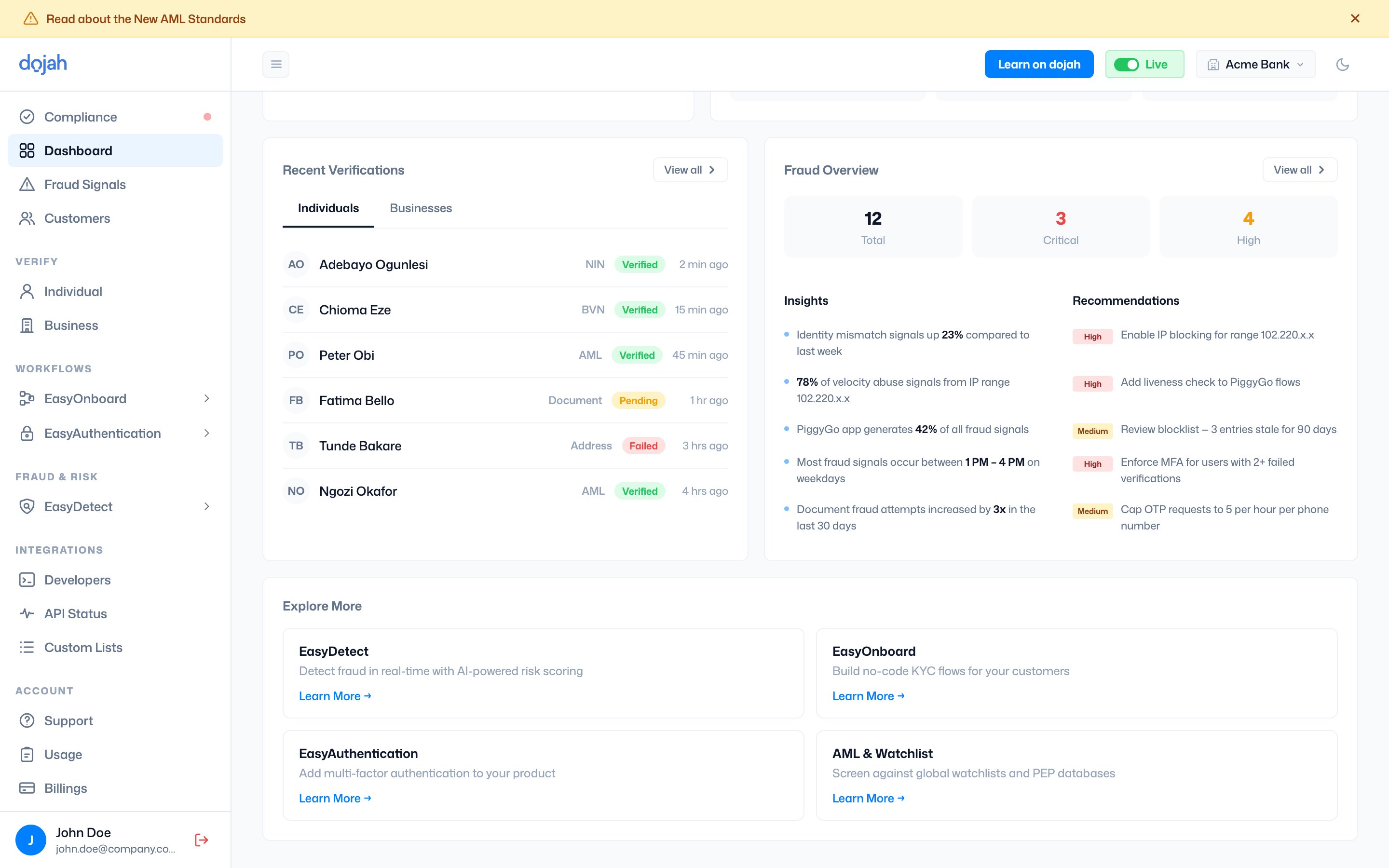 Recent Verifications, Fraud Overview, and Explore More on the dashboard
