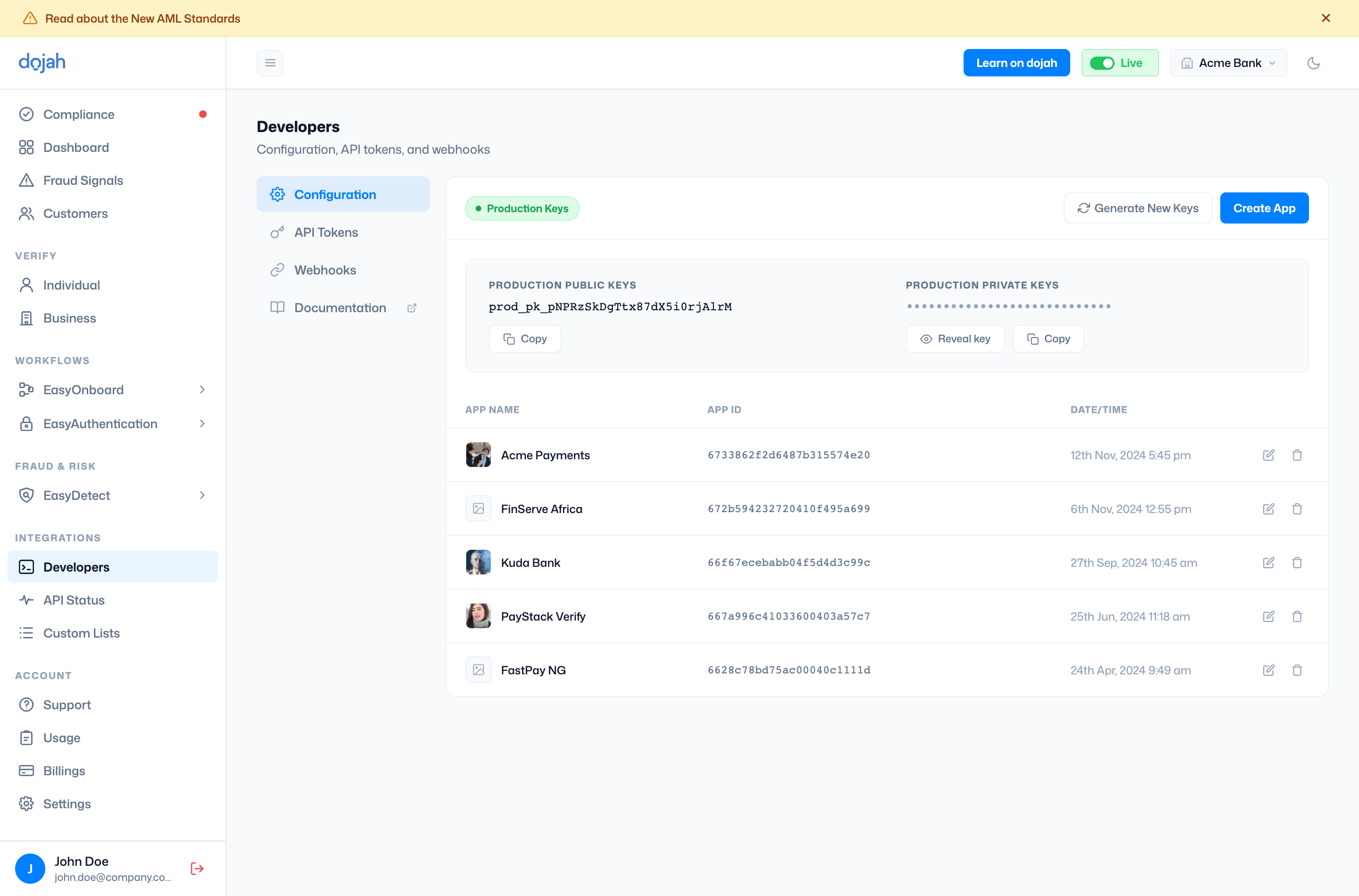 The Developers Configuration tab showing API keys and the apps table