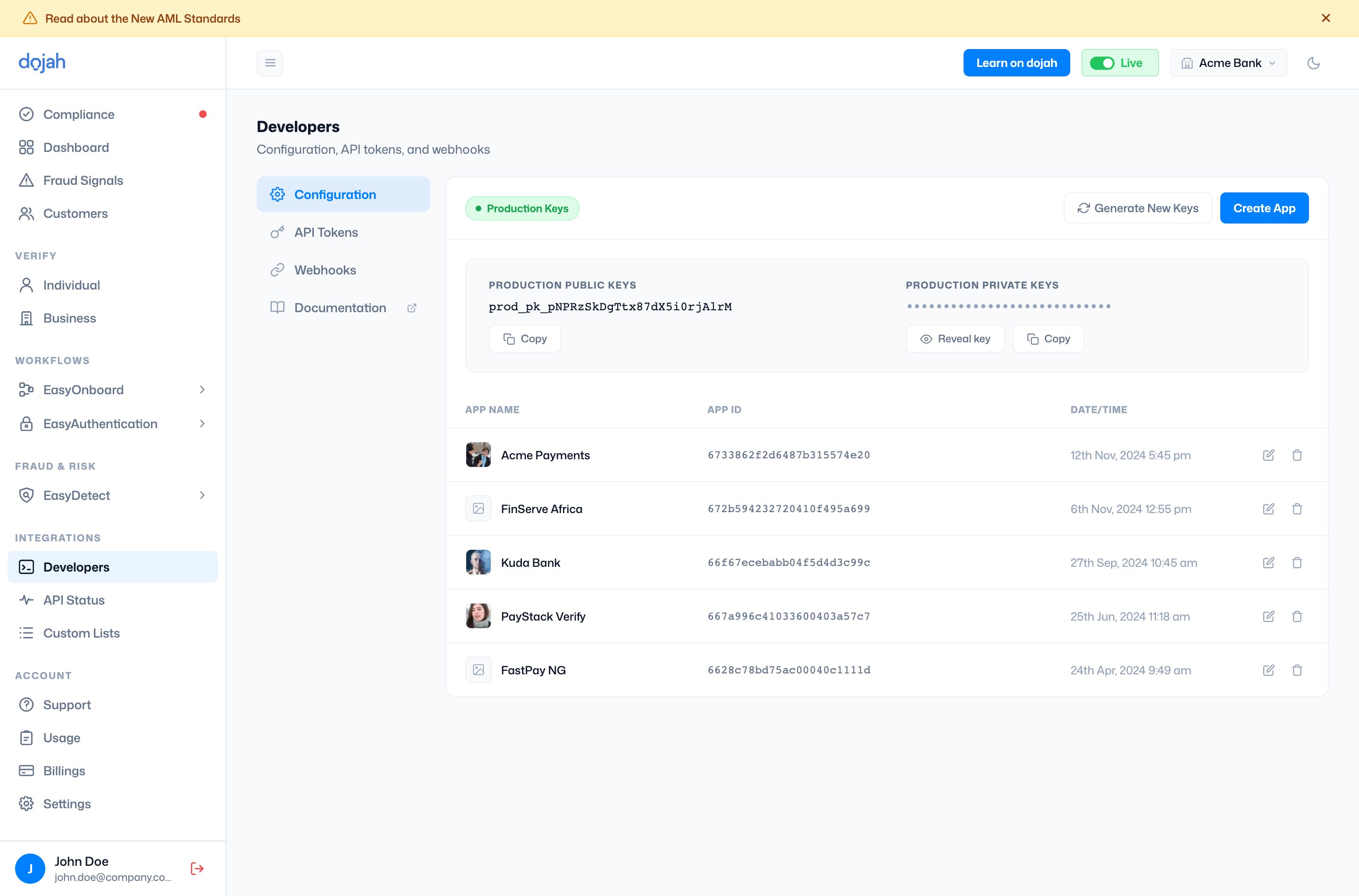 The Developers Configuration tab showing API keys and the apps table
