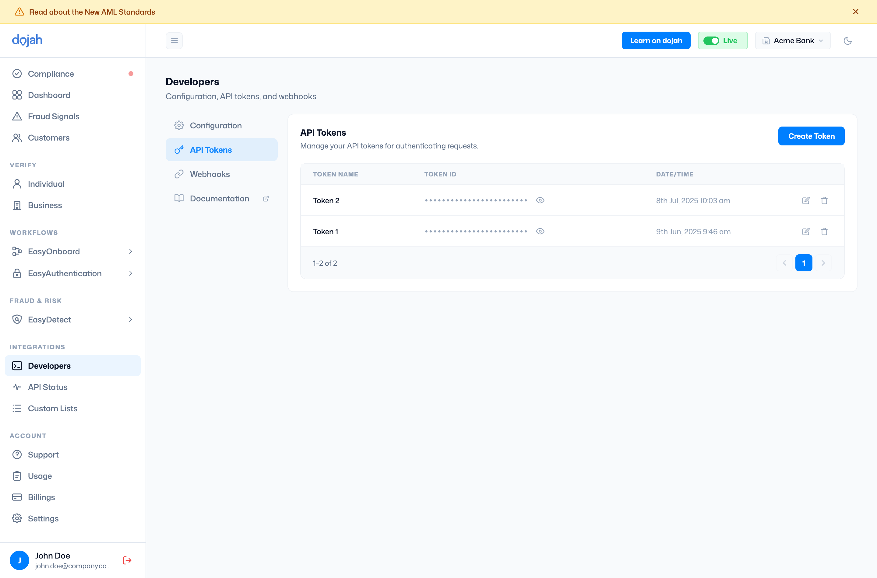 The Developers API Tokens tab with inline Edit and Delete actions