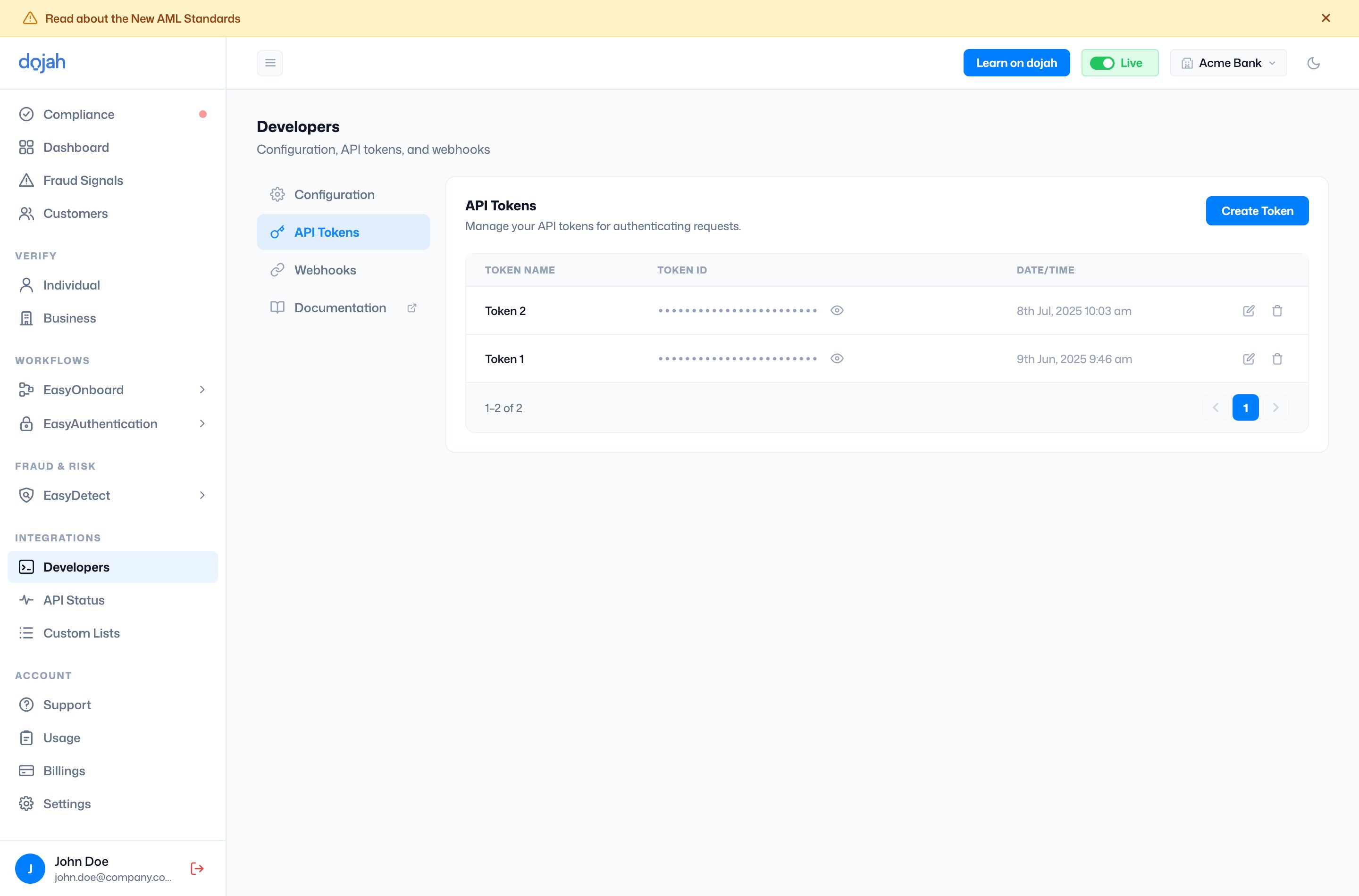The Developers API Tokens tab with inline Edit and Delete actions
