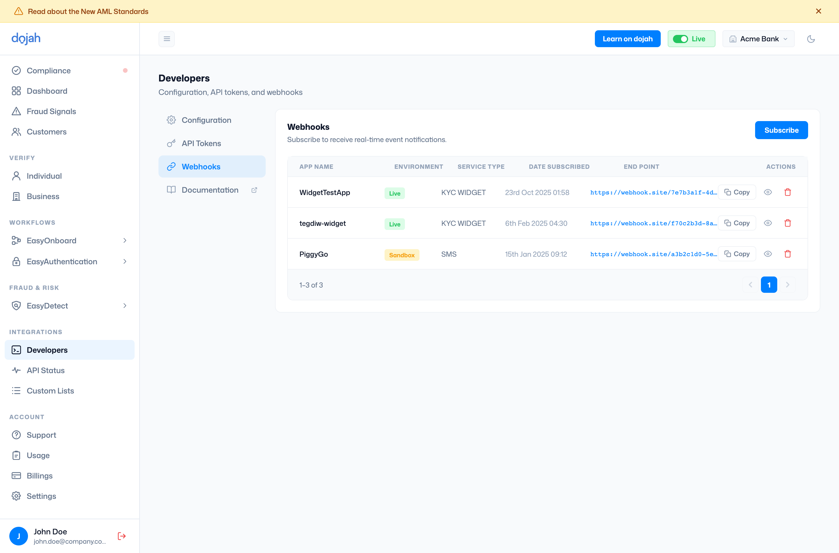 The Developers Webhooks tab listing webhook subscriptions