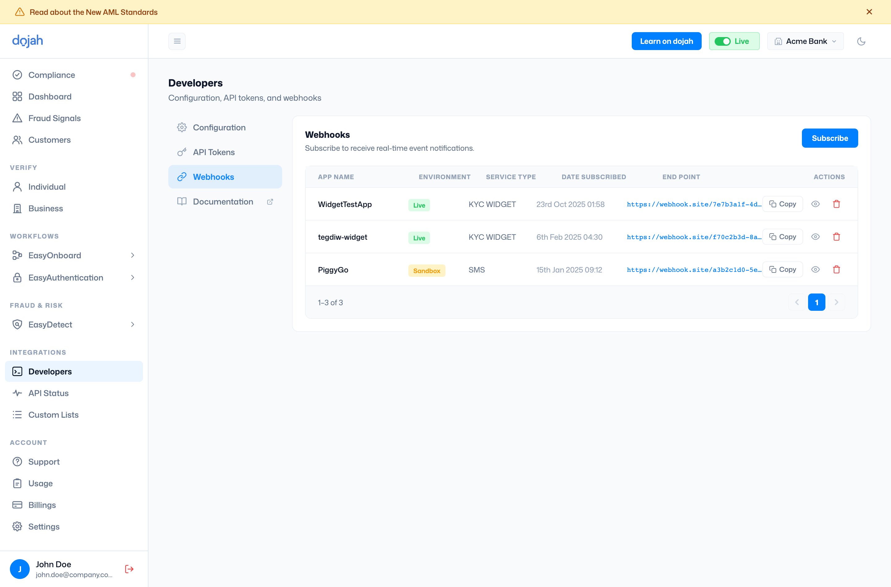 The Developers Webhooks tab listing webhook subscriptions