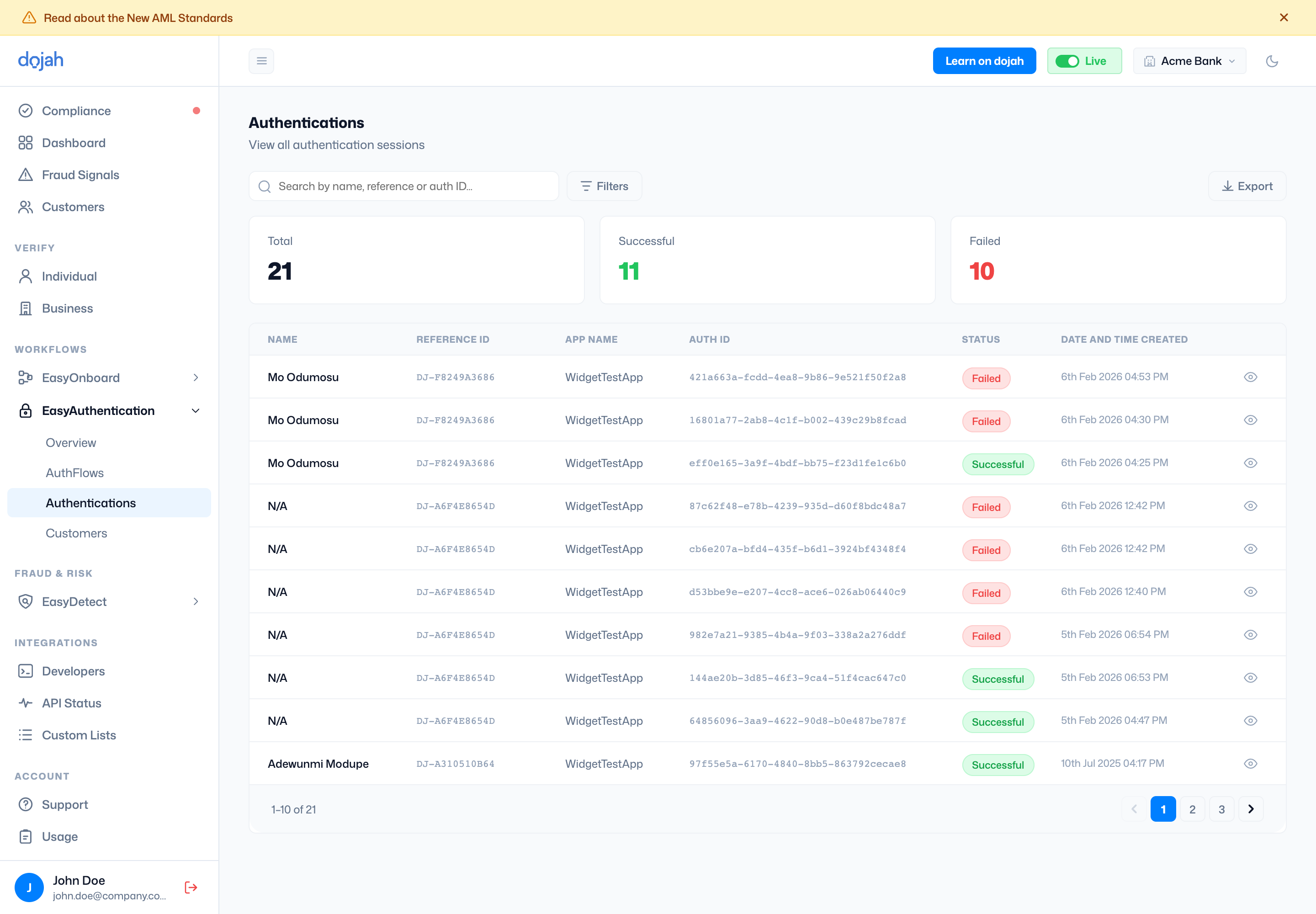 The EasyAuthentication authentications session log
