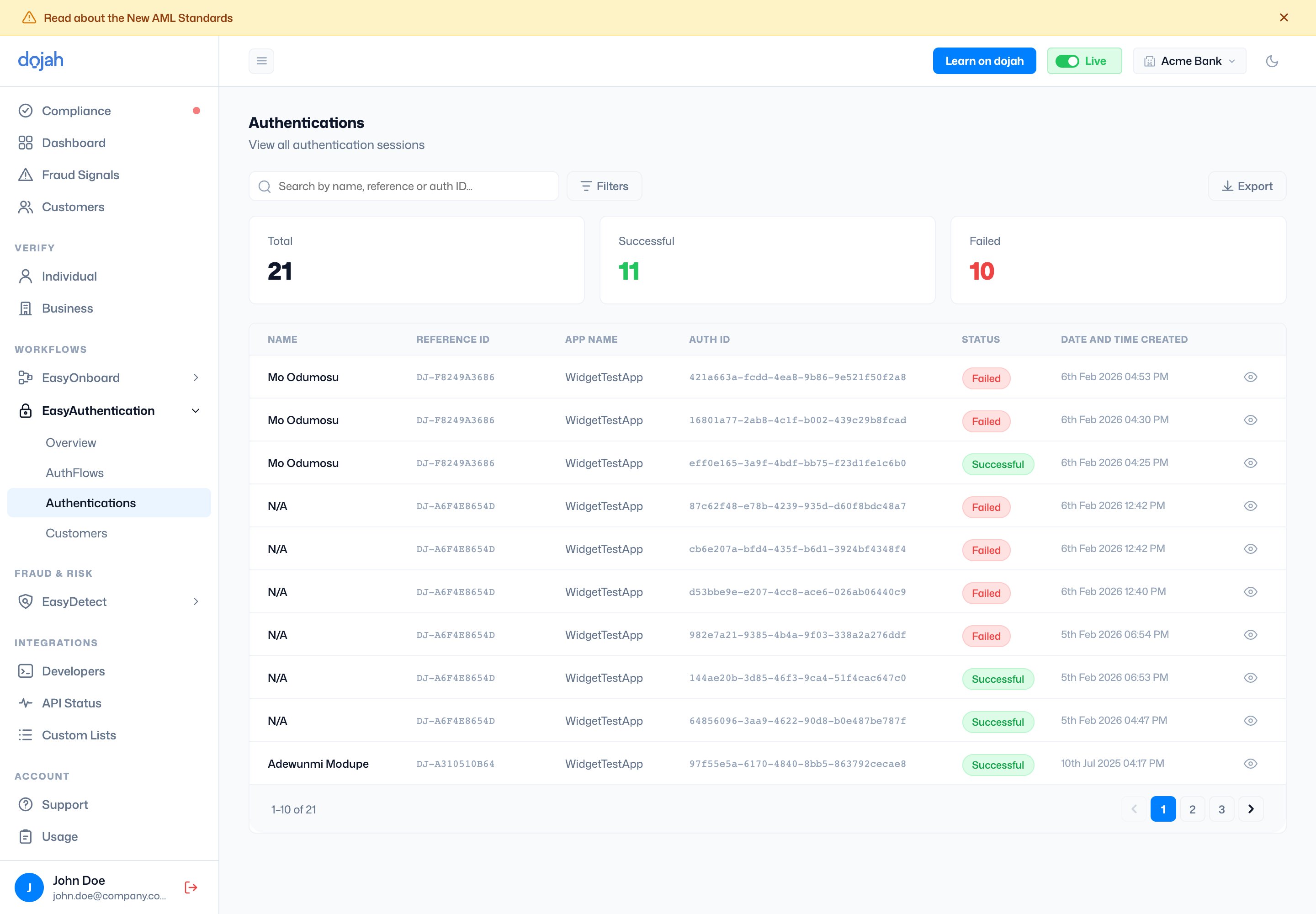 The EasyAuthentication authentications session log