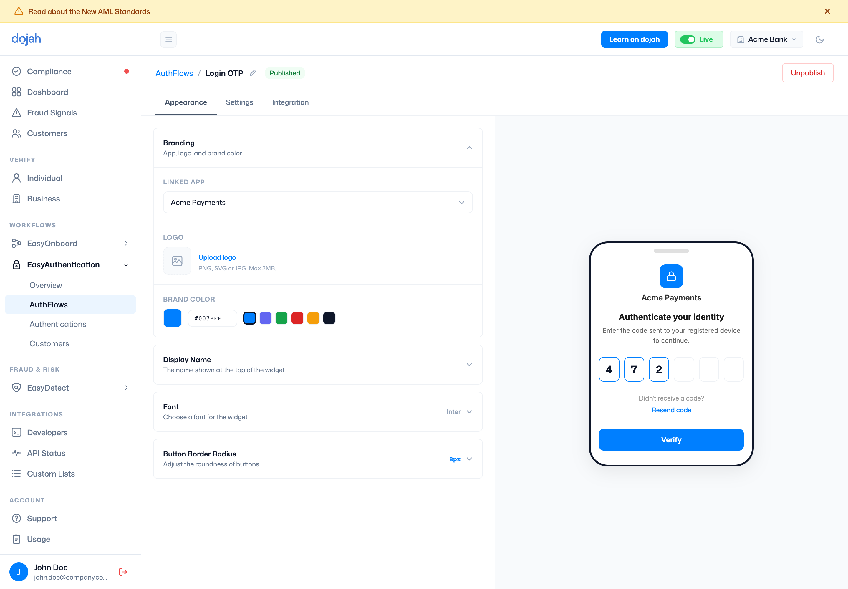 The EasyAuthentication auth-flow builder with a live OTP preview