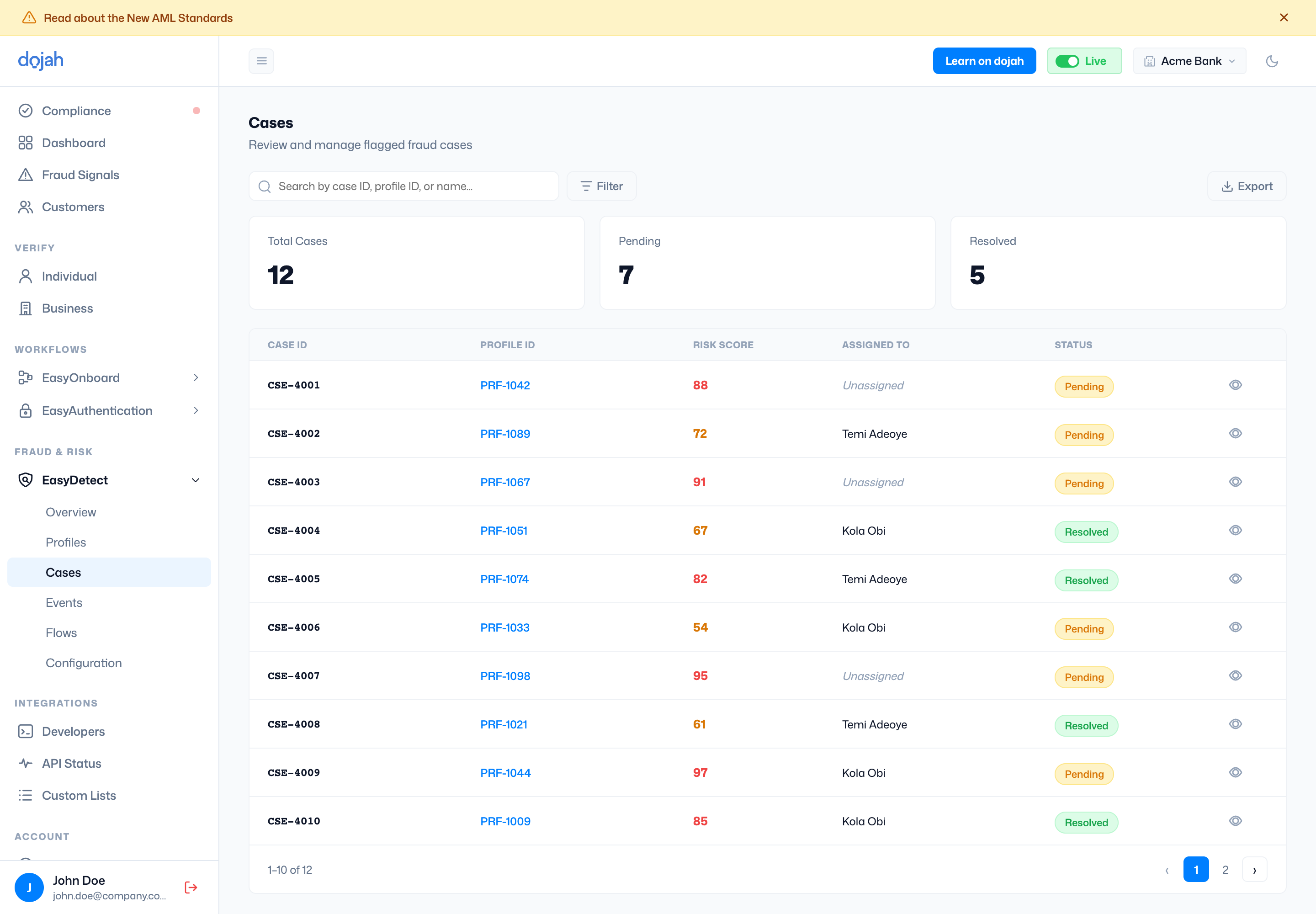 The EasyDetect cases list with risk scores and statuses