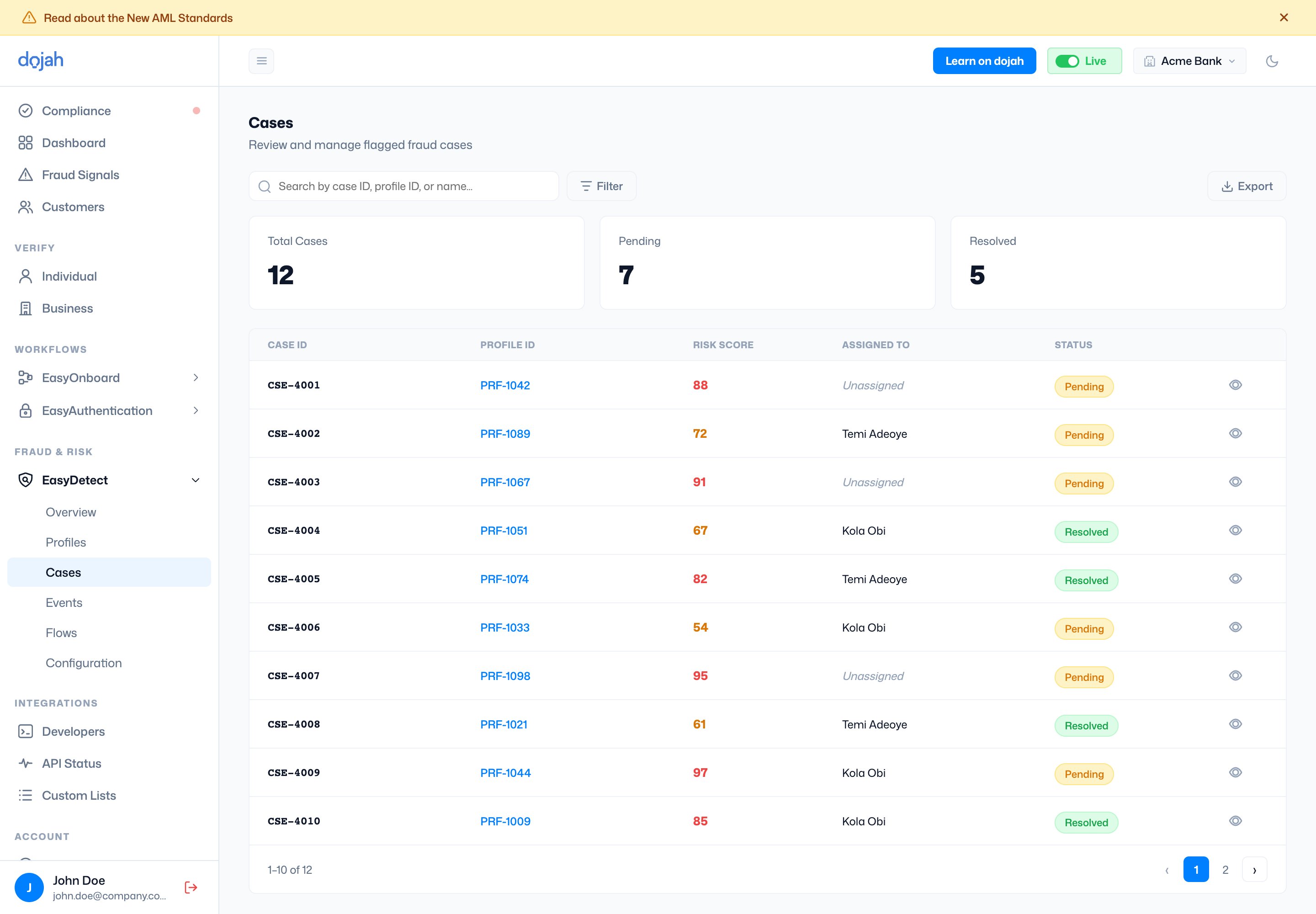 The EasyDetect cases list with risk scores and statuses