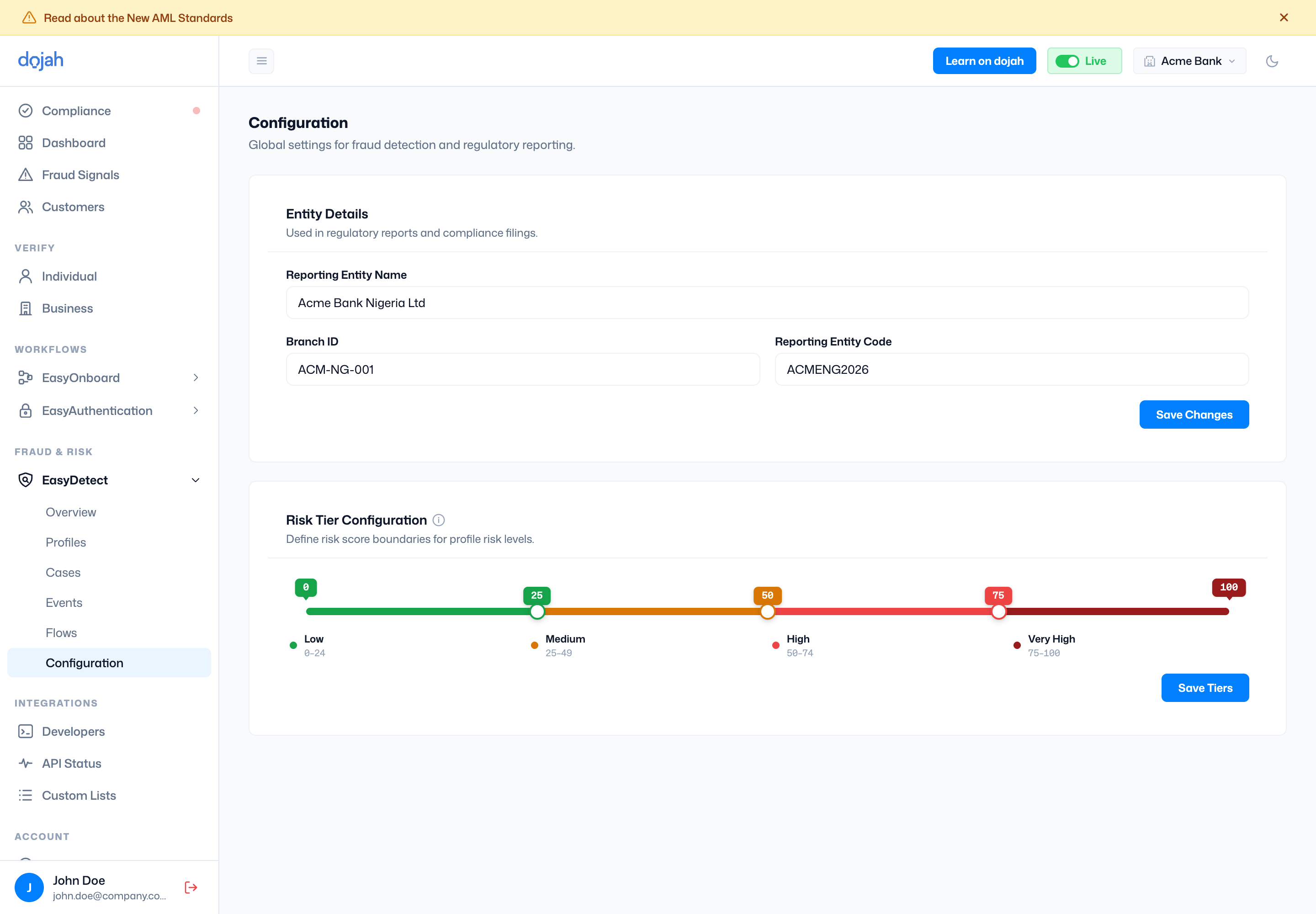 The EasyDetect configuration with entity details and risk tier sliders