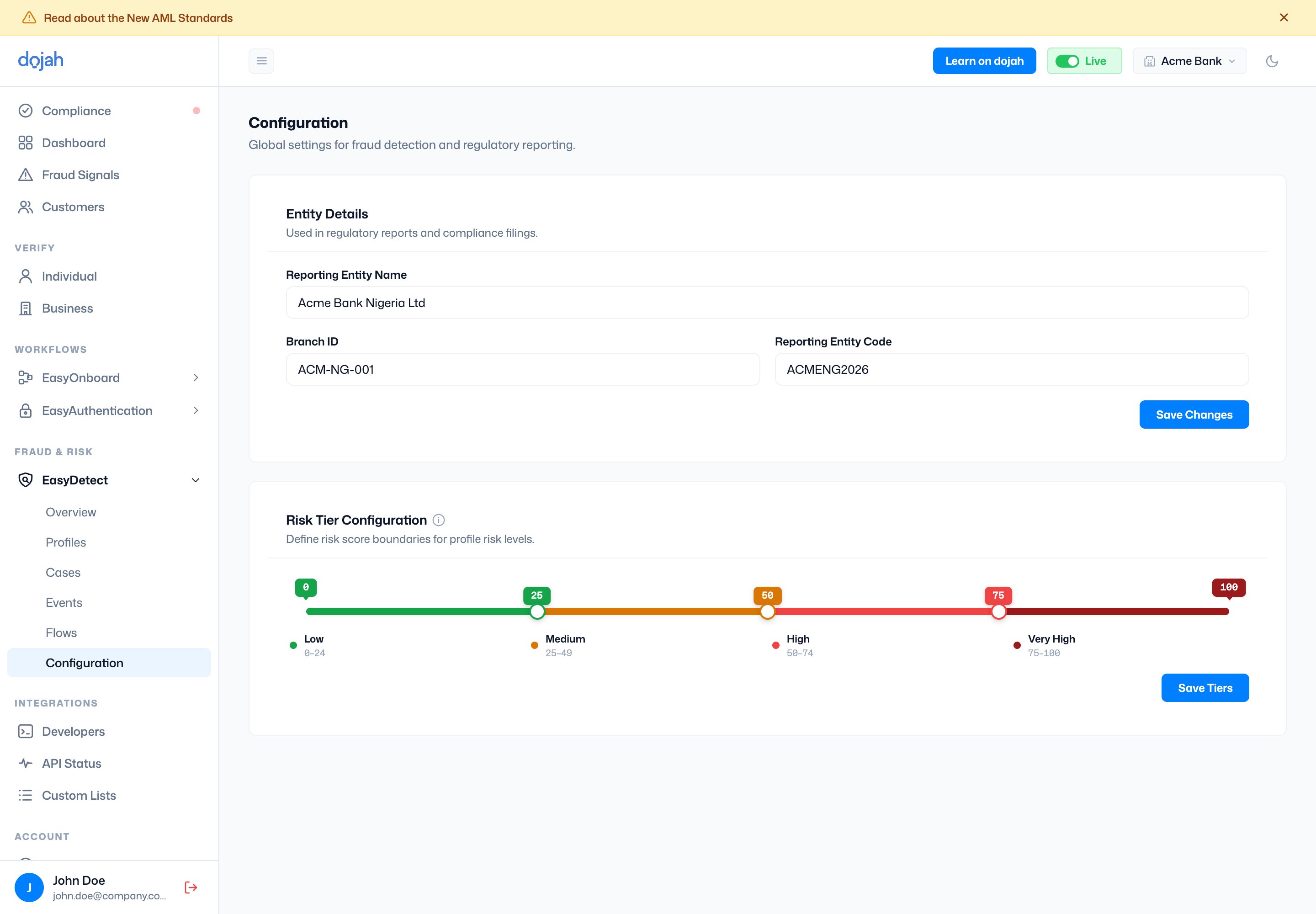 The EasyDetect configuration with entity details and risk tier sliders