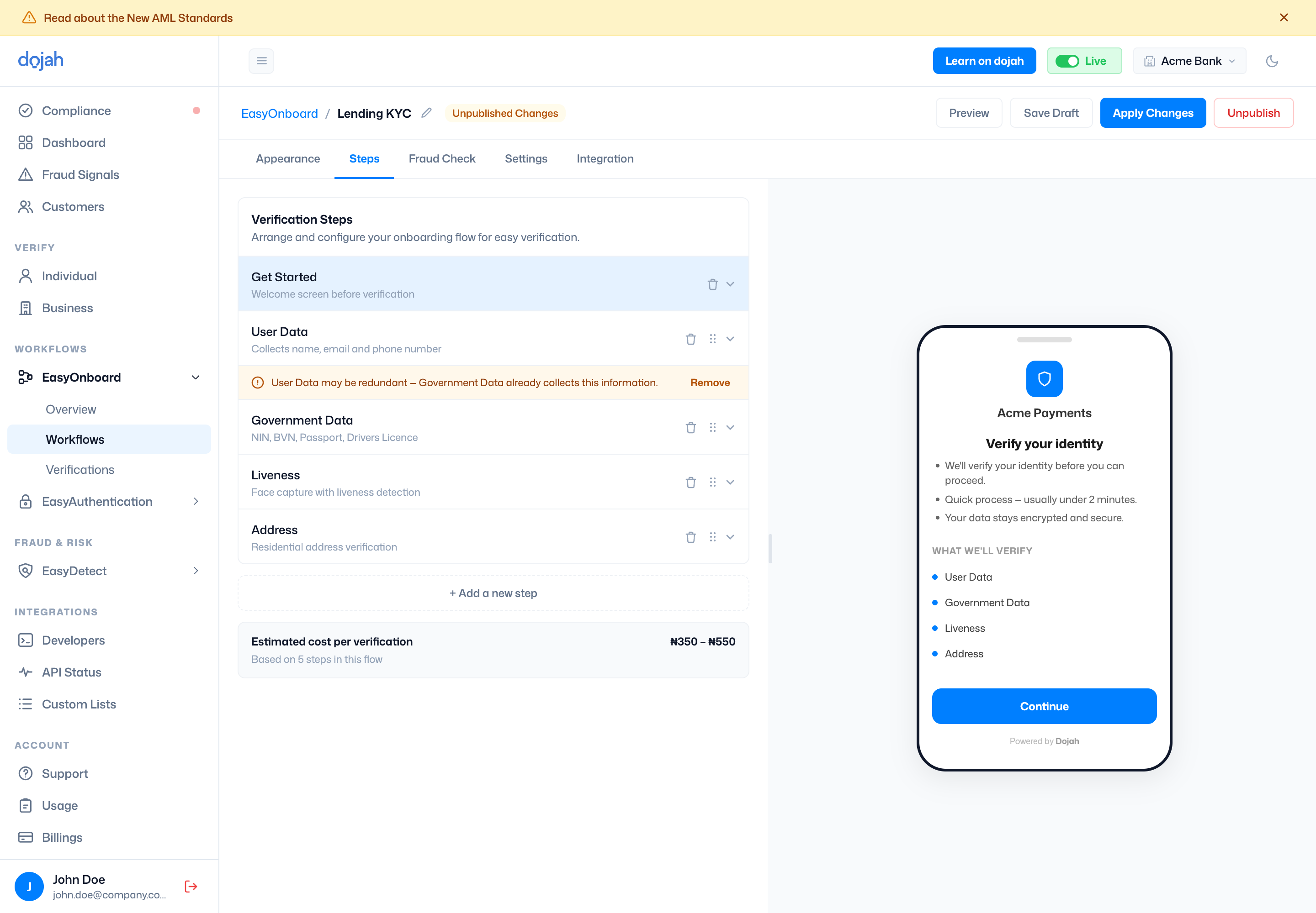 The EasyOnboard workflow builder showing steps and a live preview