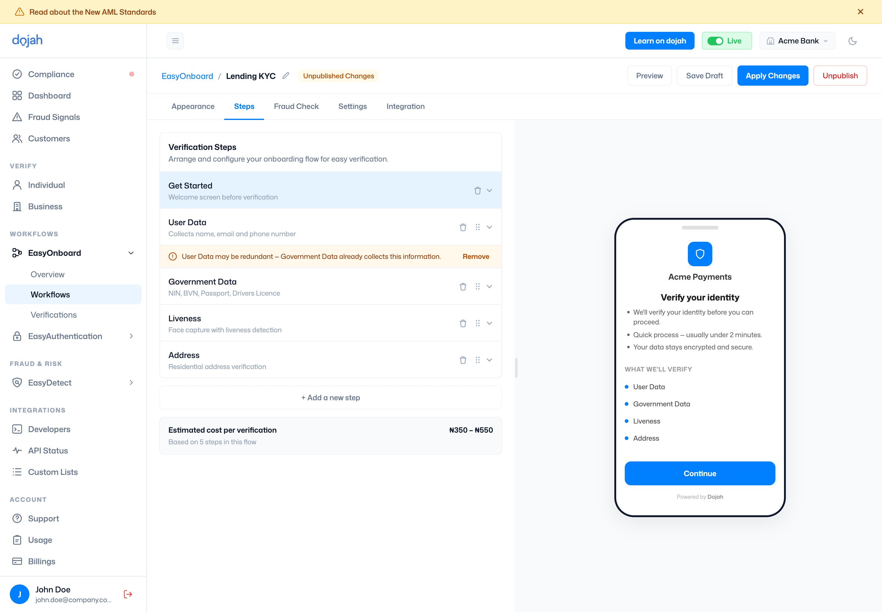 The EasyOnboard workflow builder showing steps and a live preview