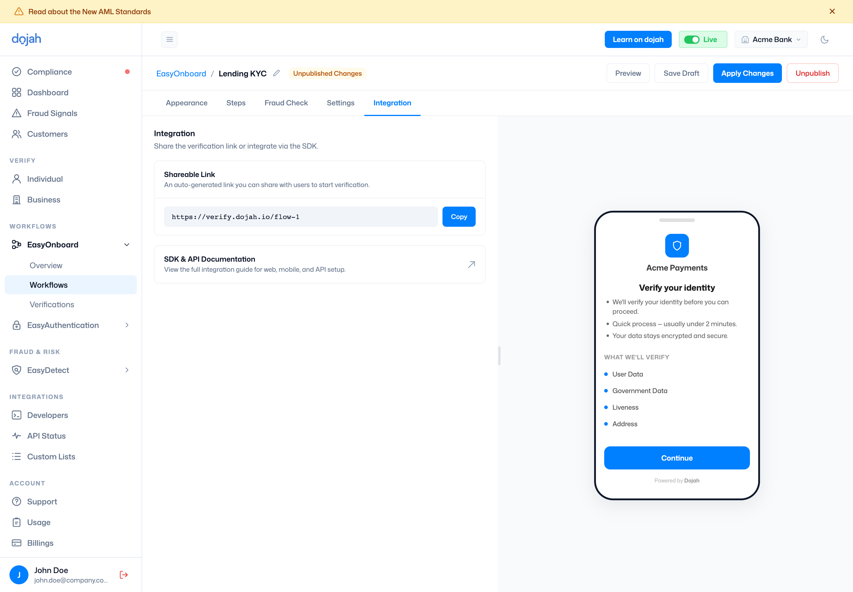 The EasyOnboard integration tab with a shareable link and SDK docs