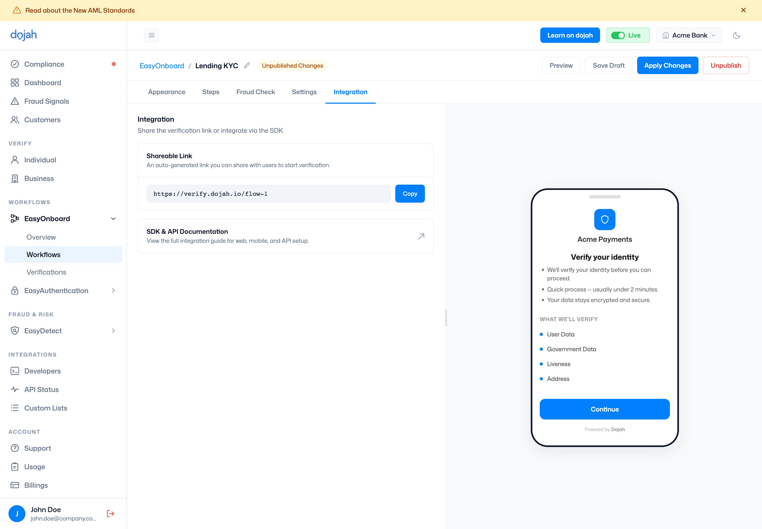 The EasyOnboard integration tab with a shareable link and SDK docs