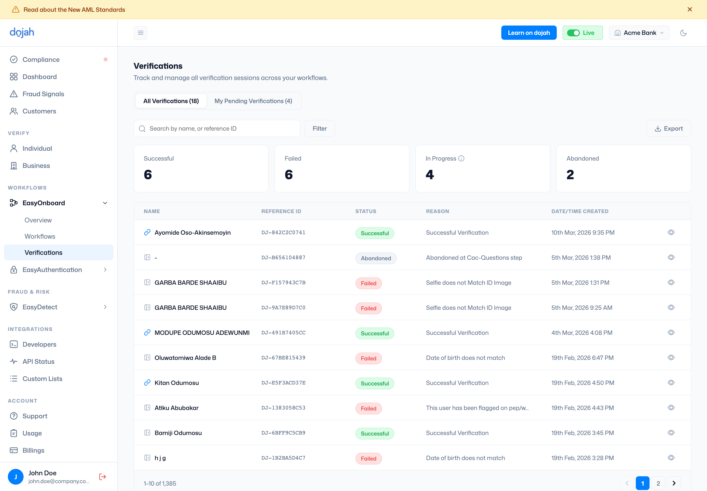 The EasyOnboard verifications session log