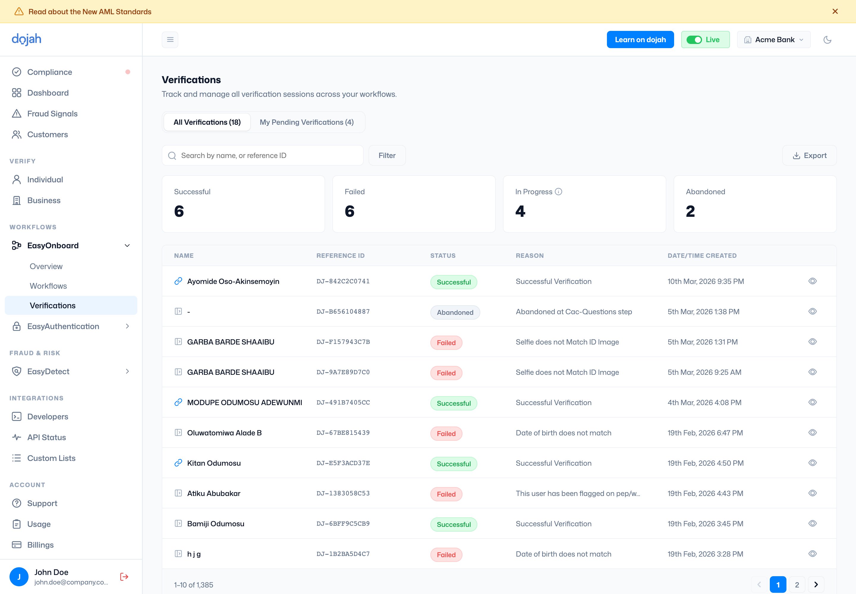 The EasyOnboard verifications session log