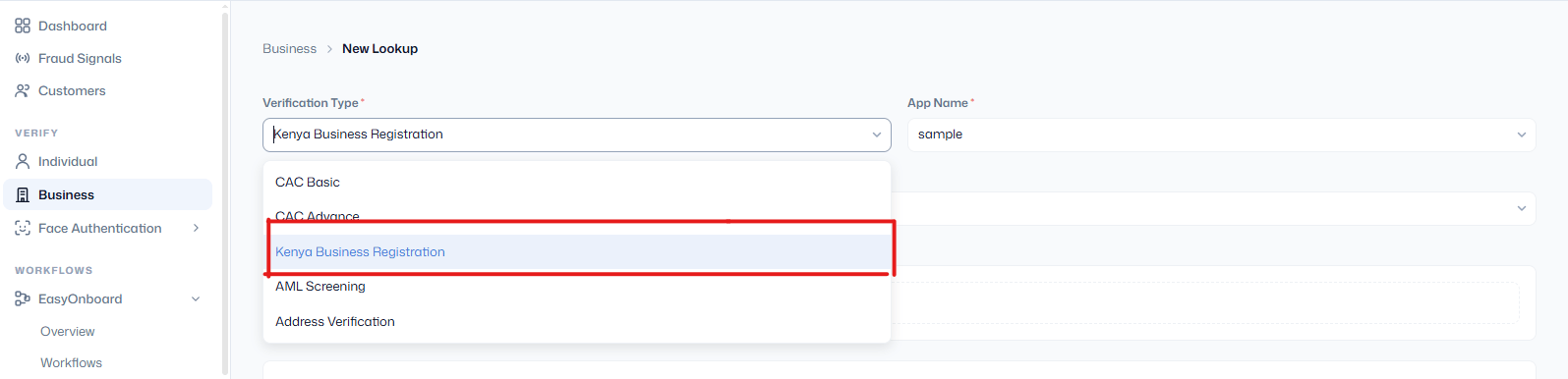 Kenya Business Verification option in the business lookup verification type list
