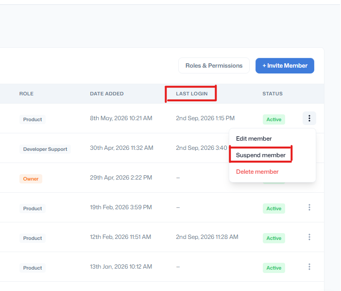 Team members table with Last Login column and Suspend member action
