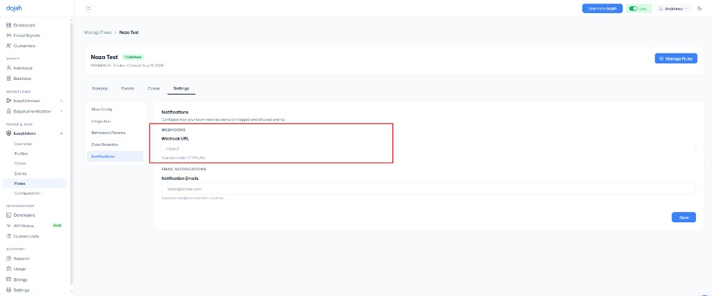 Webhook URL under EasyDetect flow Settings → Notifications