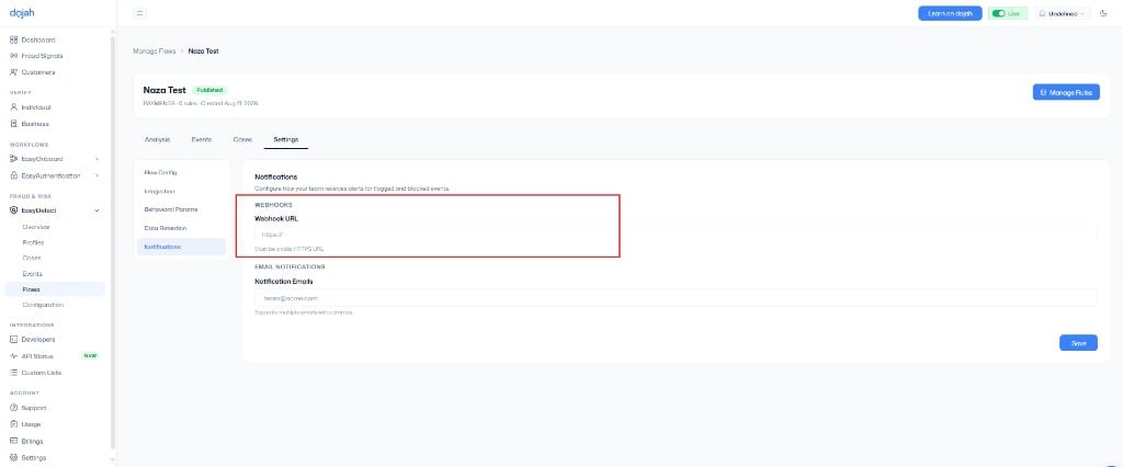 Webhook URL under EasyDetect flow Settings → Notifications