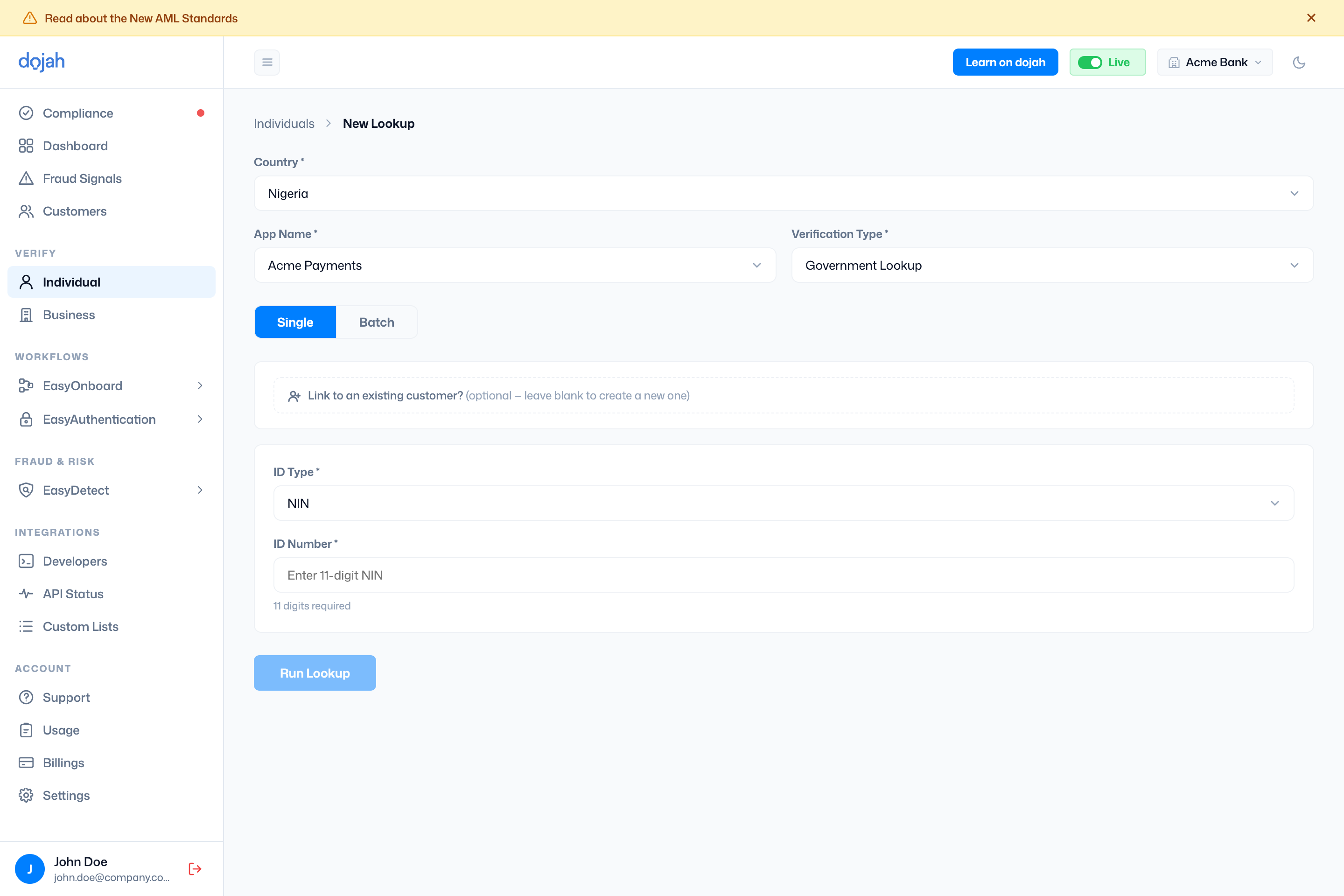 The New Lookup form for an individual government ID verification
