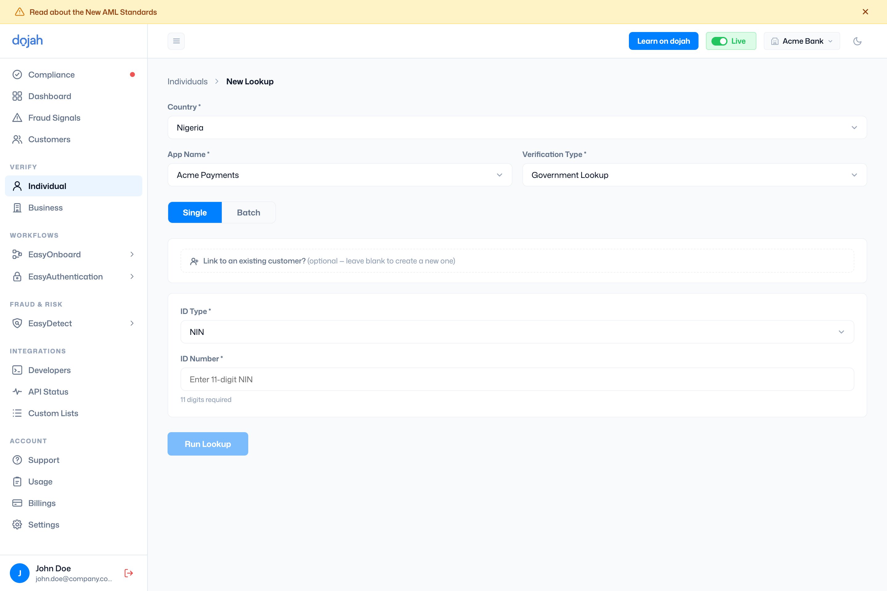 The New Lookup form for an individual government ID verification