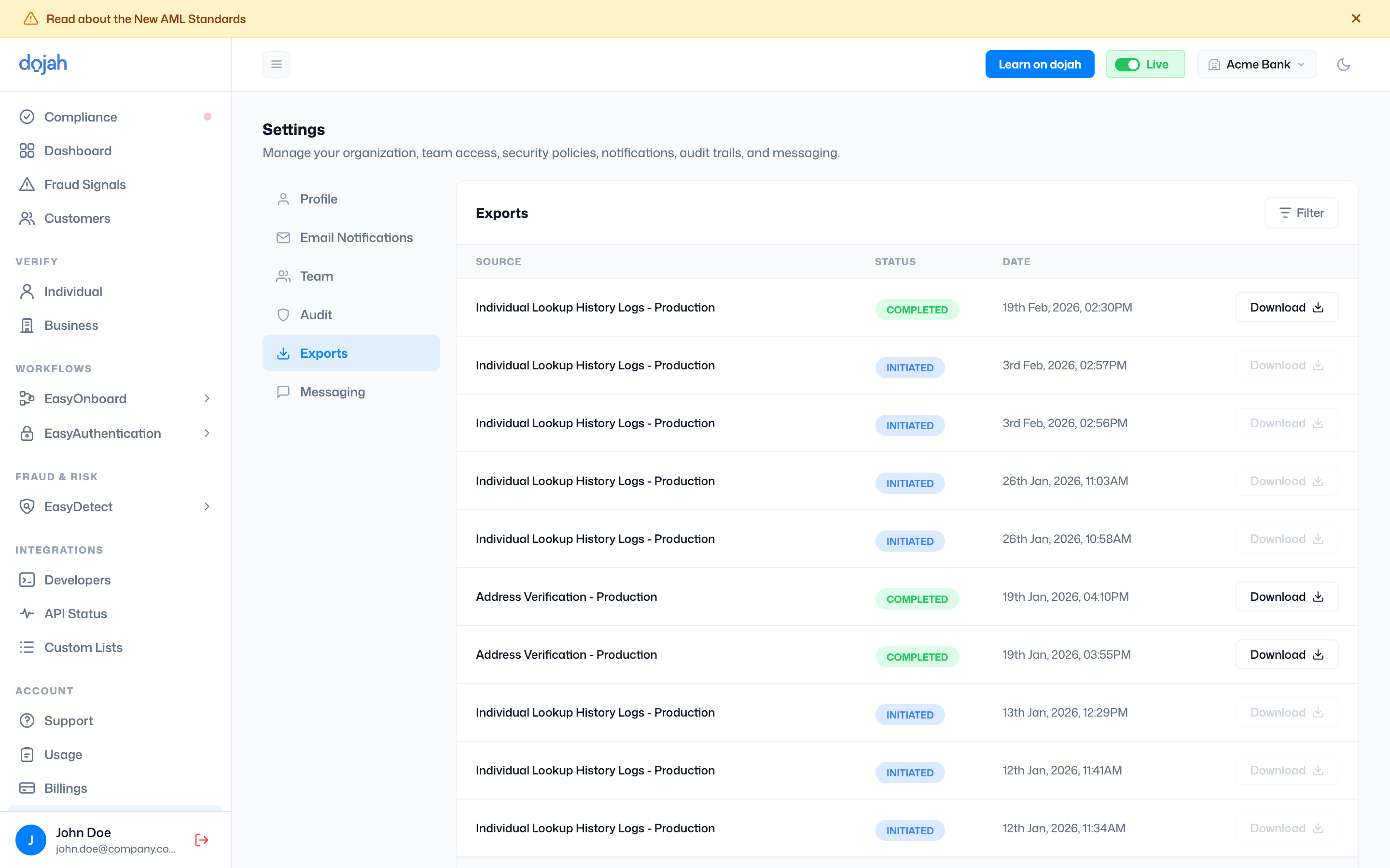 Data Exports in Dojah Settings