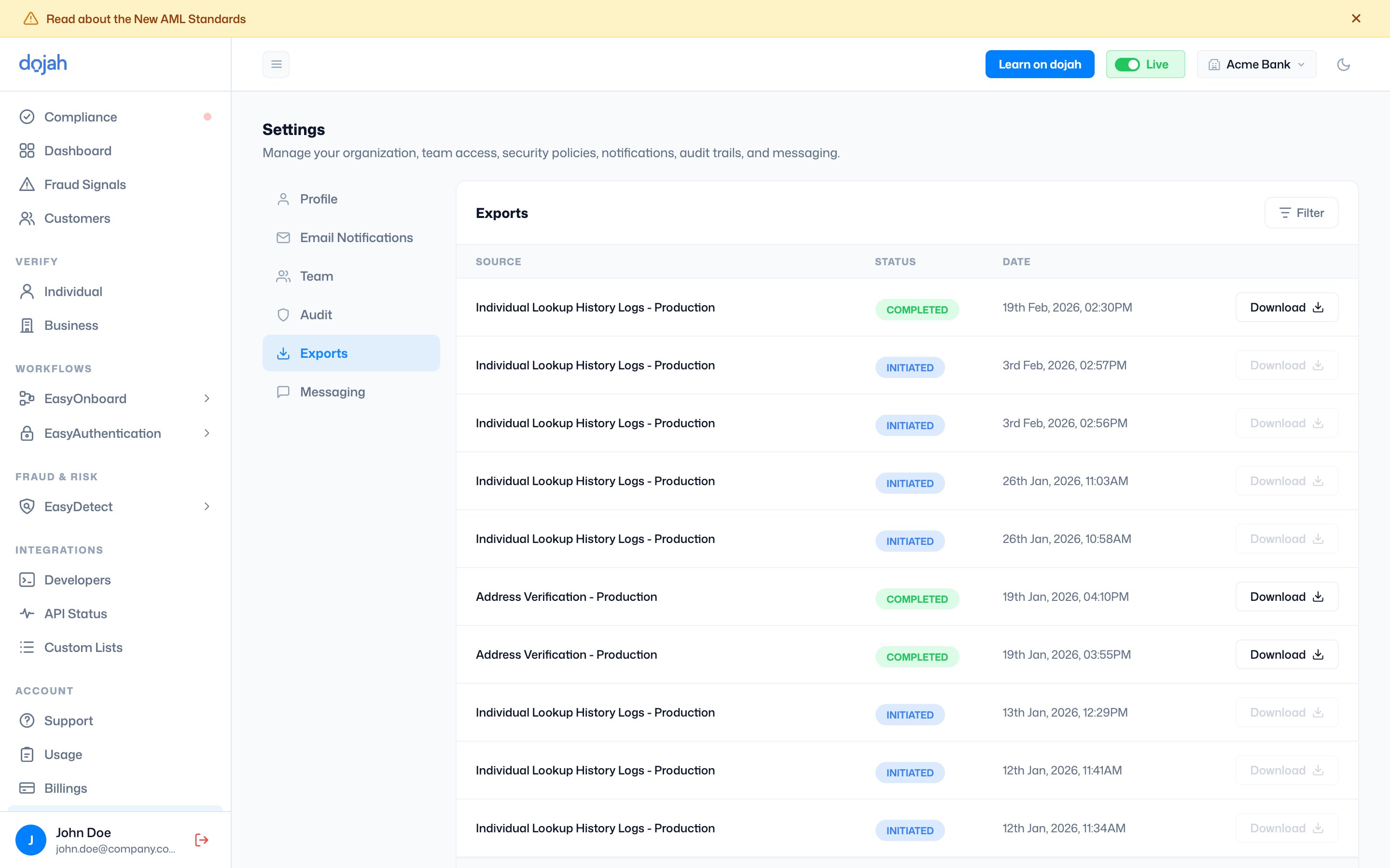 Data Exports in Dojah Settings