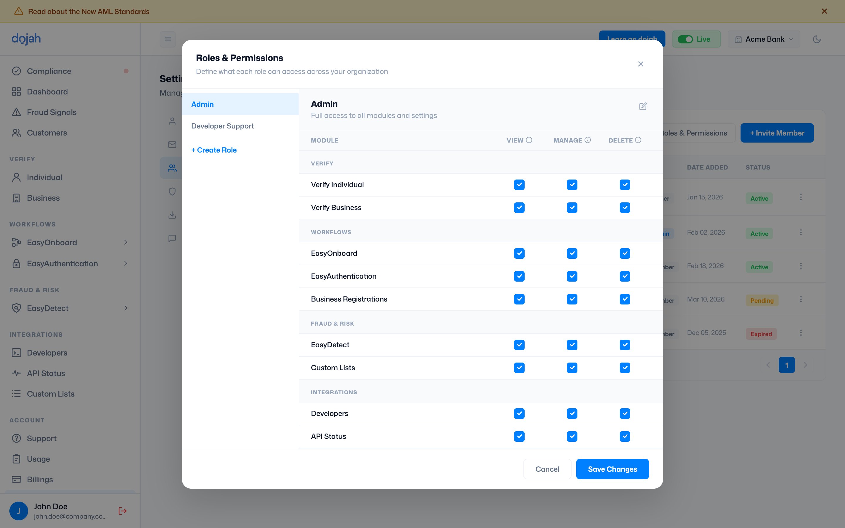 The Roles & Permissions matrix in Dojah Settings