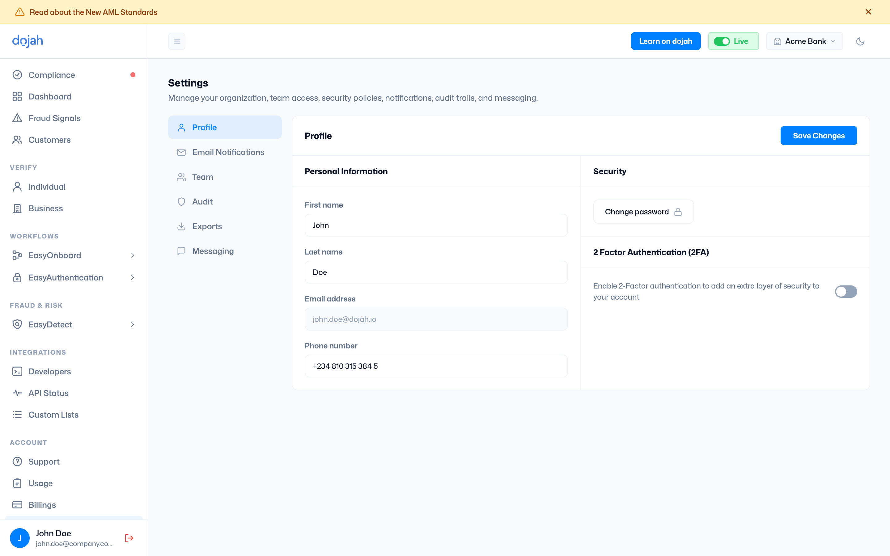 The Profile section of Dojah Settings