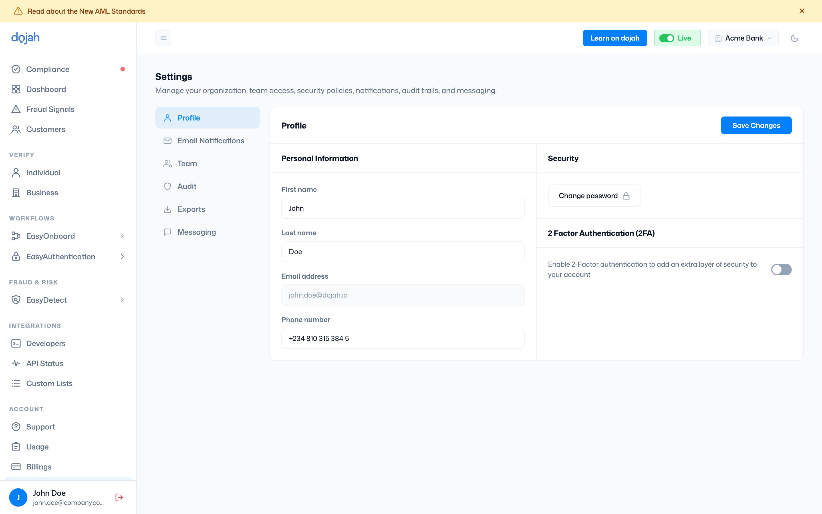 The Profile section of Dojah Settings